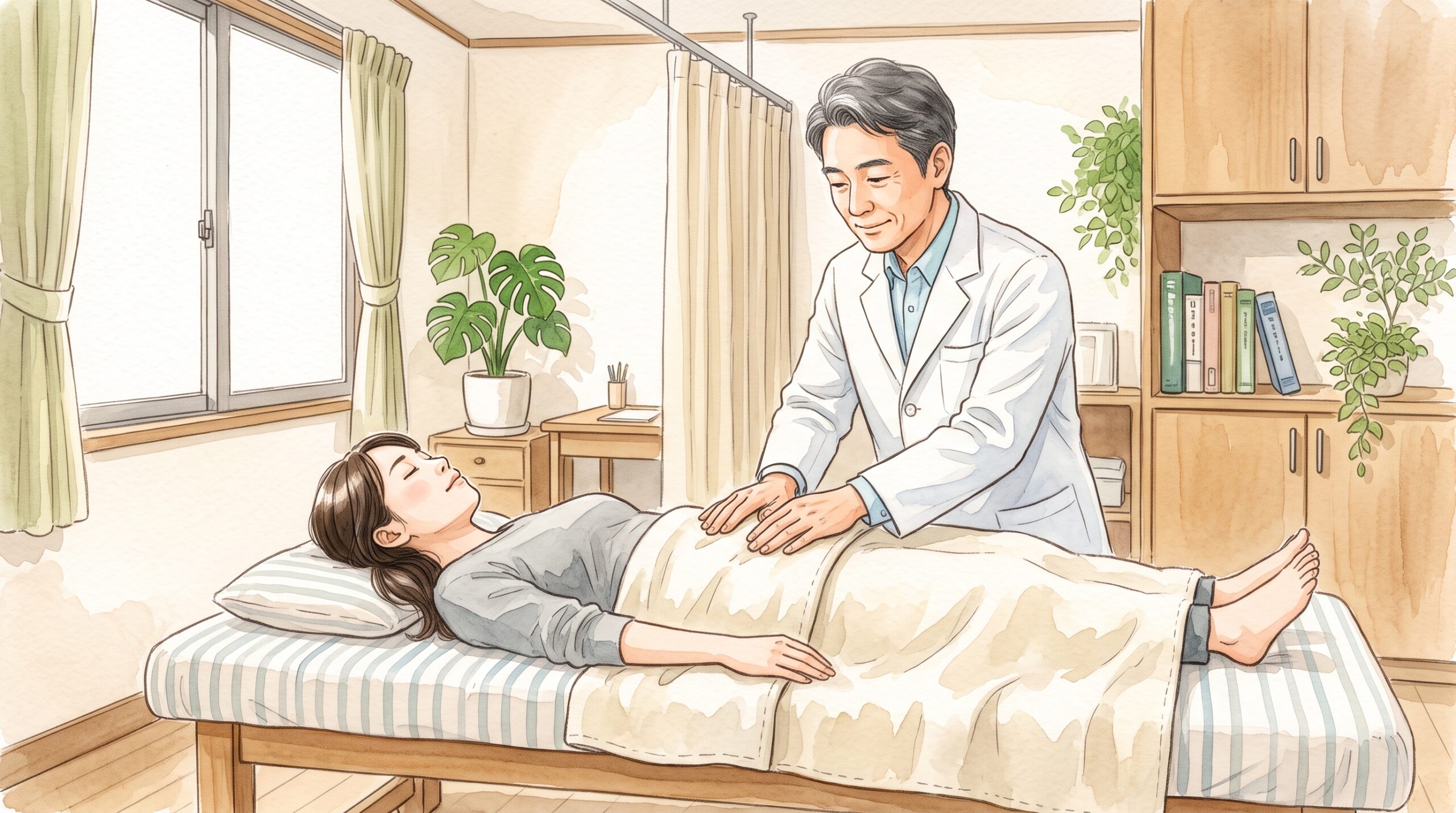 施術者がお腹まわりにやさしく手を当てている場面のイラスト