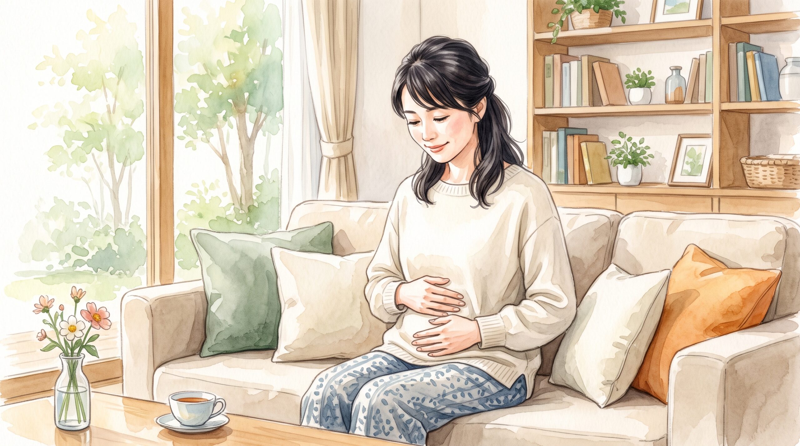 お腹にそっと手を当てて様子を確かめている女性のイラスト