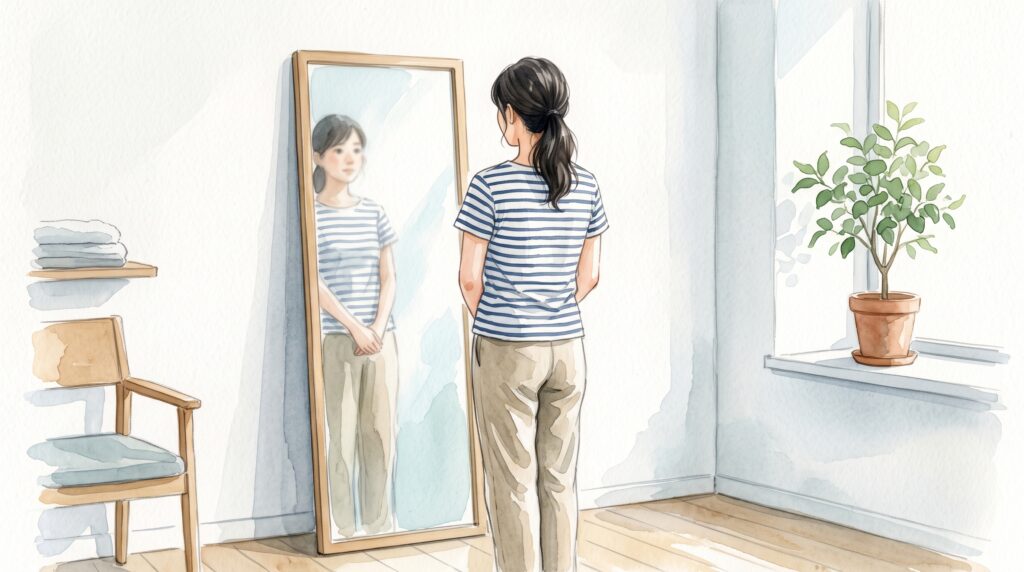 鏡の前でまっすぐ立ち、自分の姿勢を確認している人の後ろ姿のイラスト