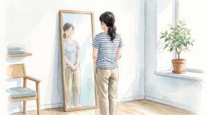 鏡の前でまっすぐ立ち、自分の姿勢を確認している人の後ろ姿のイラスト