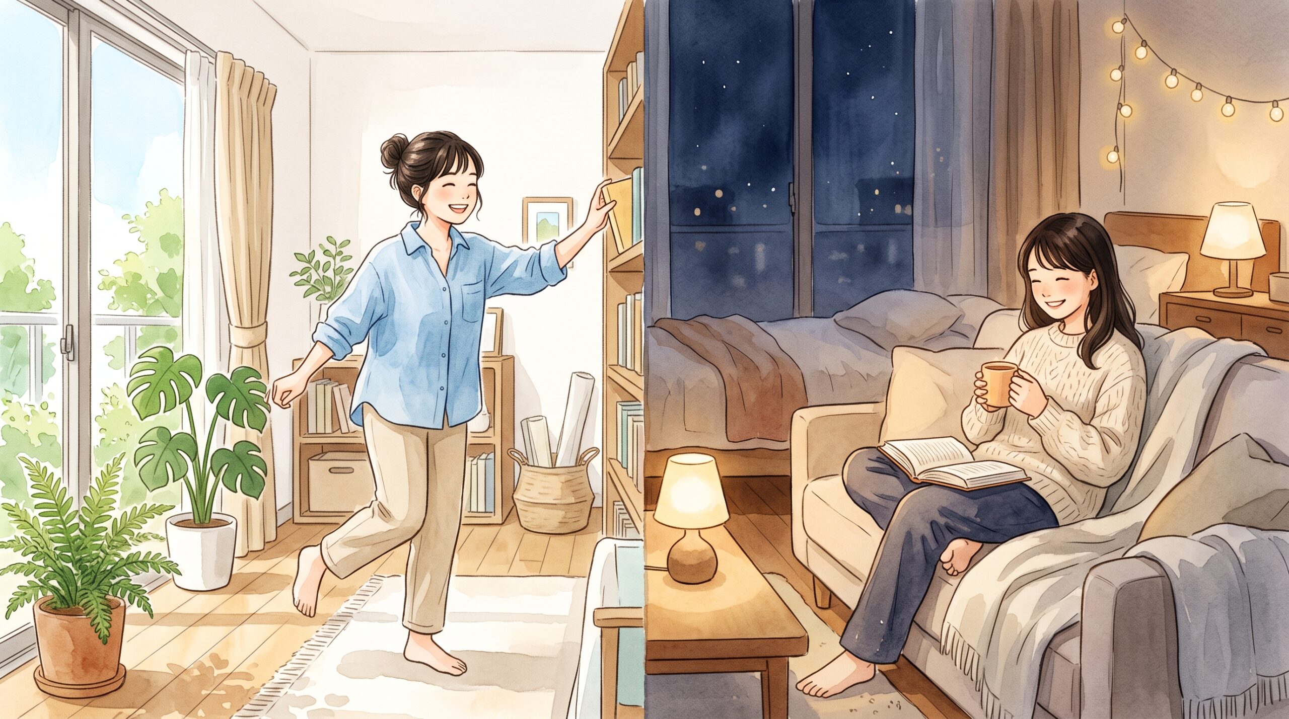 昼の活動と夜の休息を対比したイラスト