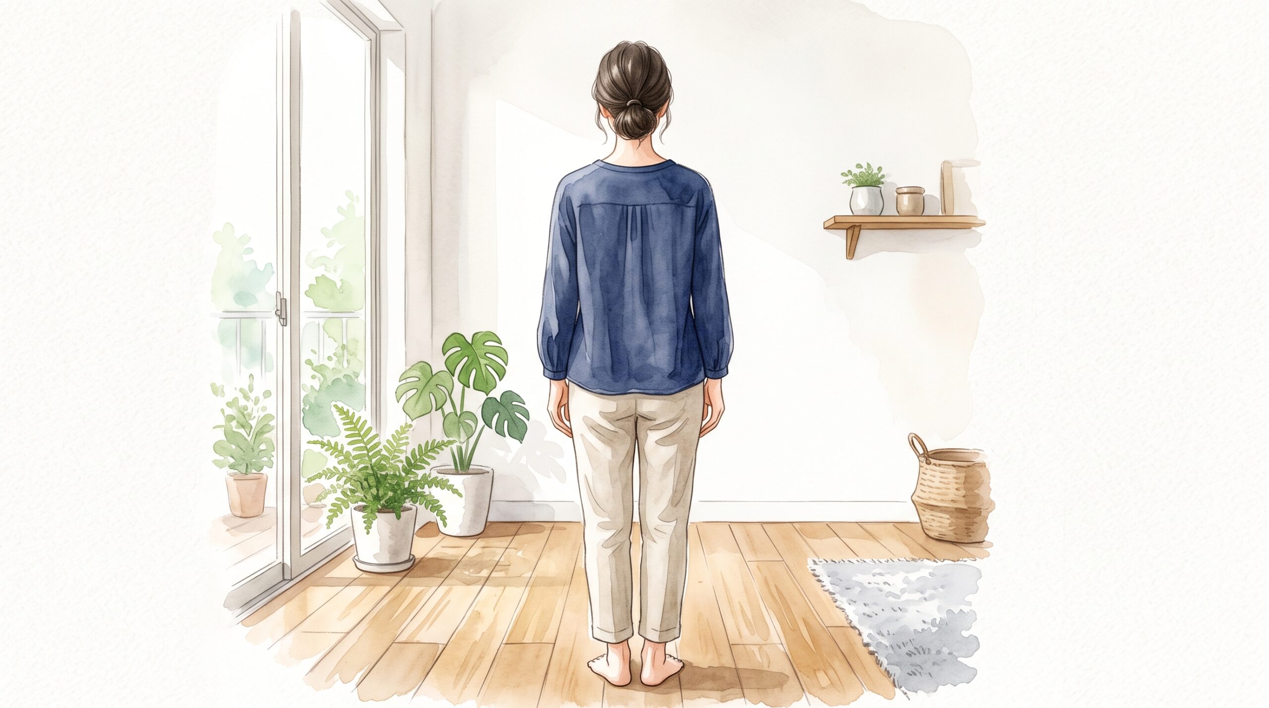 肩の高さが左右で違う人の後ろ姿のイラスト