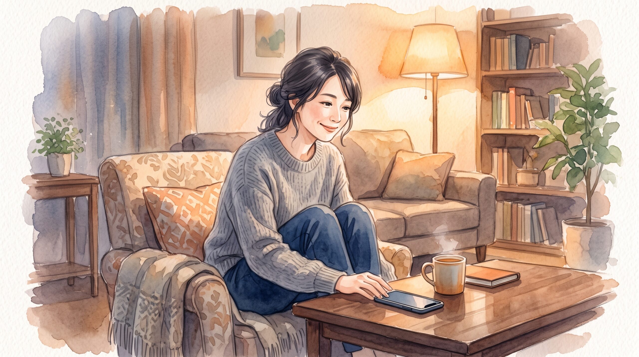 夜、スマートフォンを置いてくつろいでいる女性のイラスト