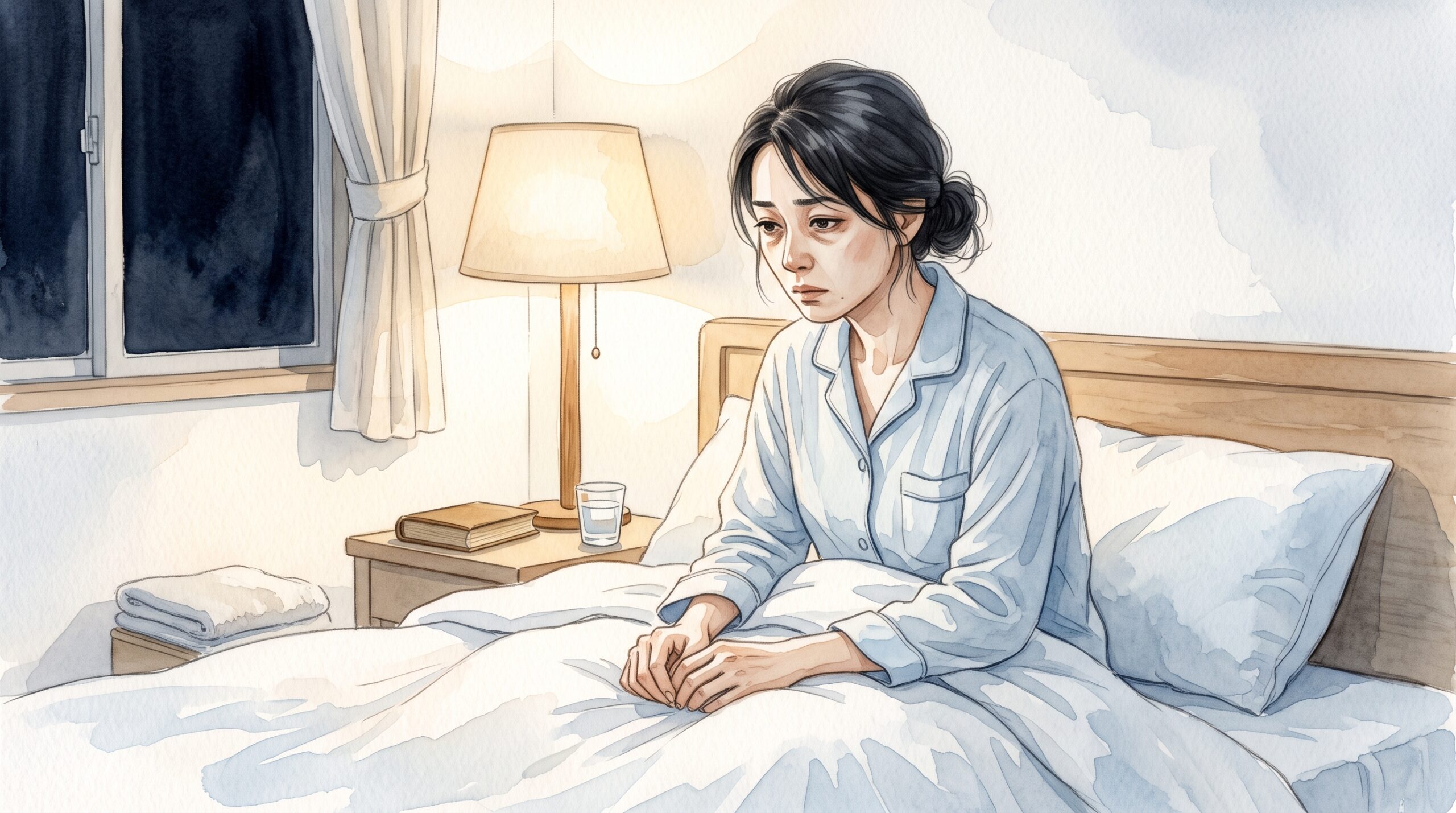 夜遅くまで気が張ったまま起きている女性のイラスト