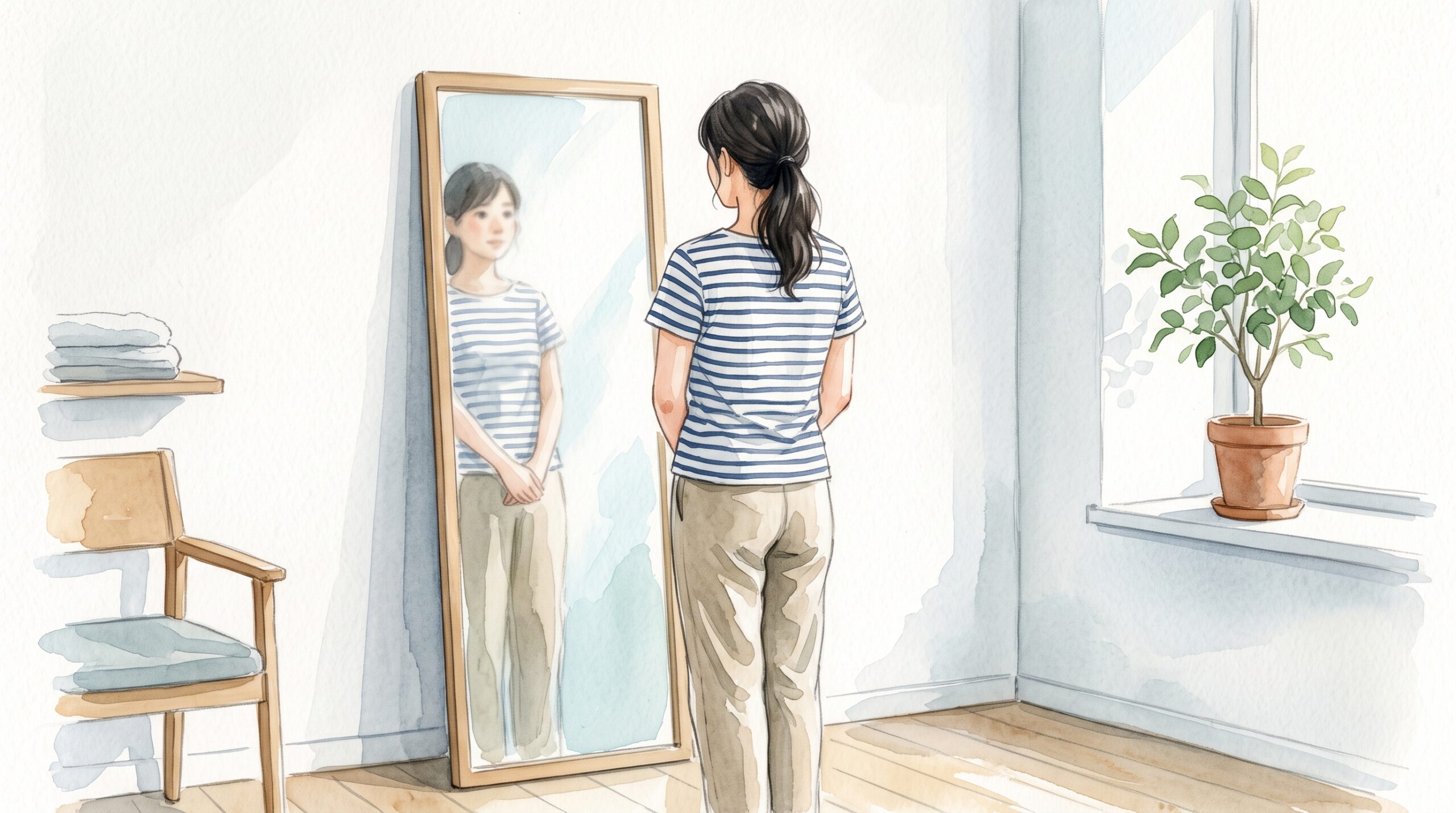 鏡の前でまっすぐ立ち、自分の姿勢を確認している人の後ろ姿のイラスト