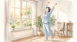 朝の窓辺で大きく伸びをして深呼吸をしている女性のイラスト