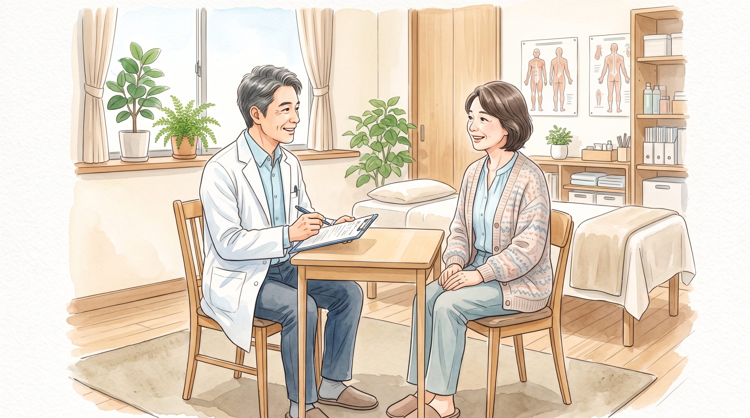 整骨院で問診を受けている場面のイラスト