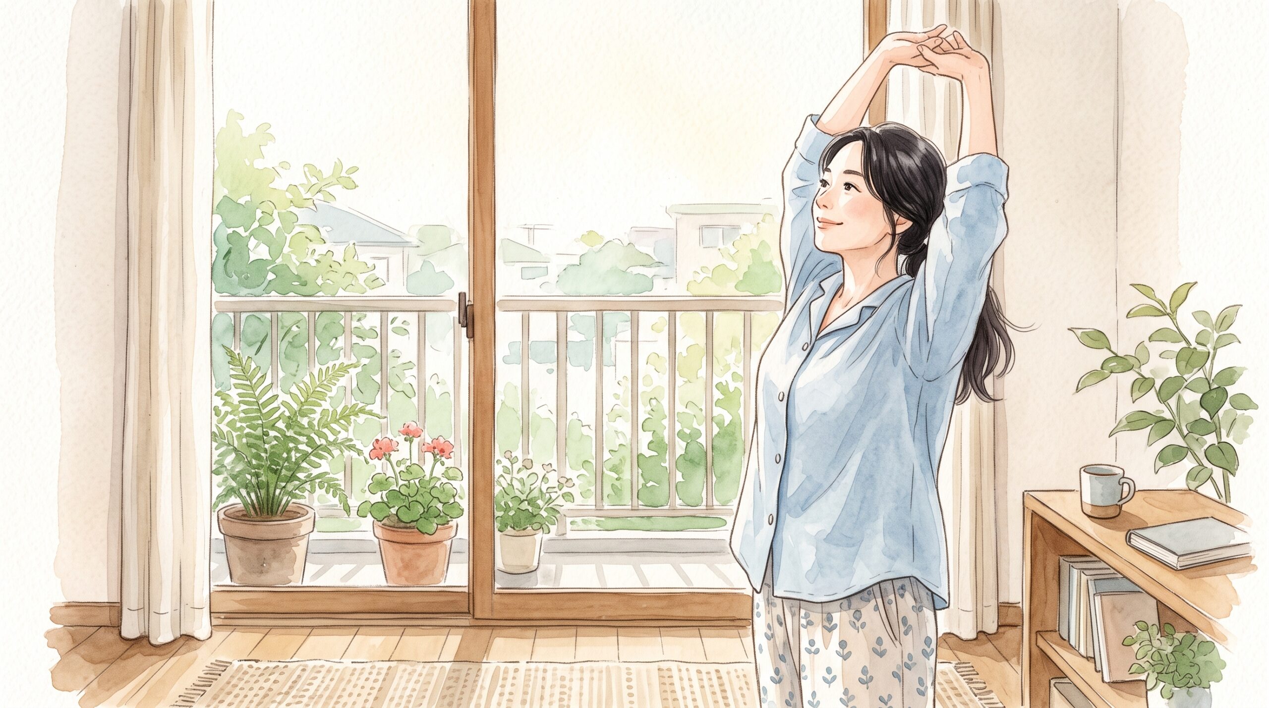 朝、窓辺で伸びをしている女性のイラスト
