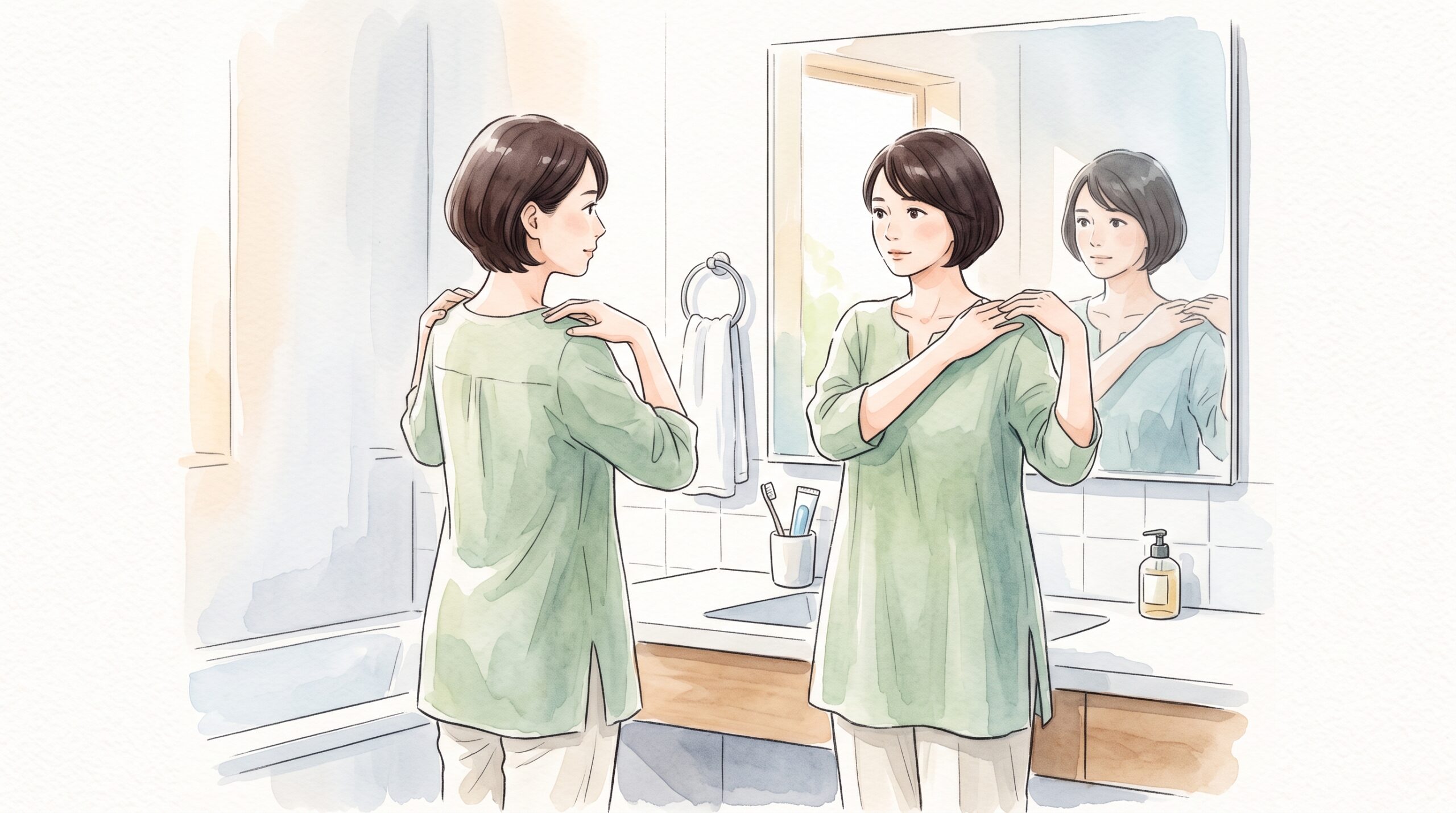 鏡の前で肩の高さを確認している女性のイラスト