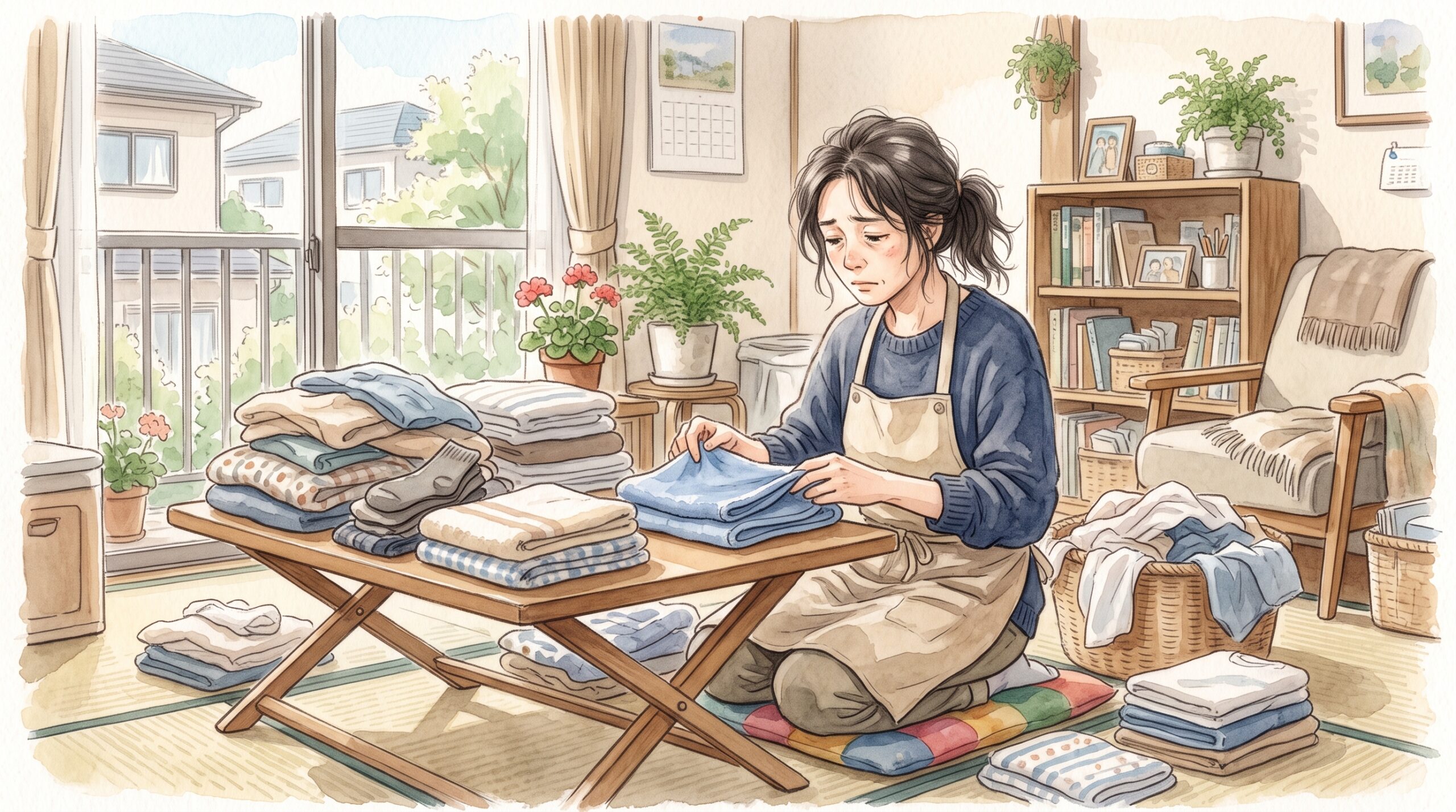 疲れた表情で家事をしている女性のイラスト