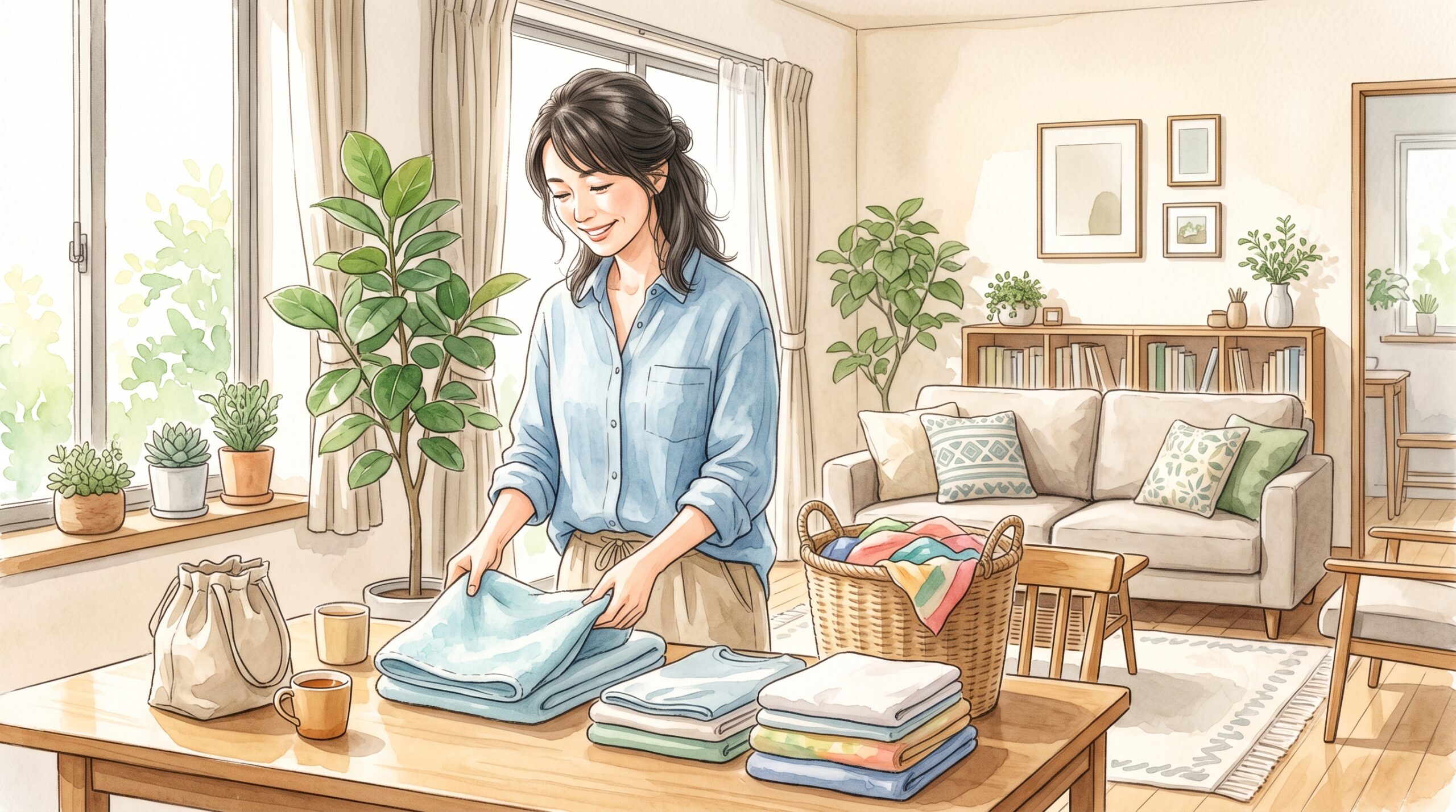 穏やかな表情で家事をしている女性のイラスト
