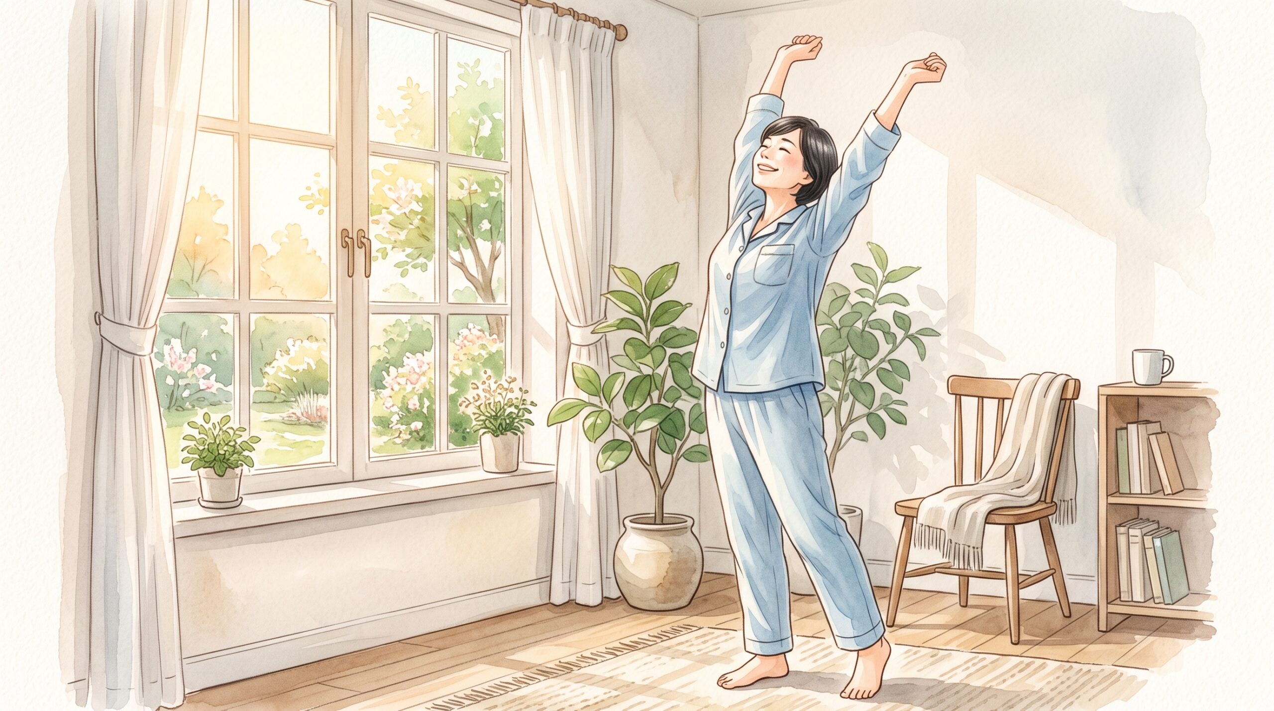 朝の窓辺で大きく伸びをして深呼吸をしている女性のイラスト
