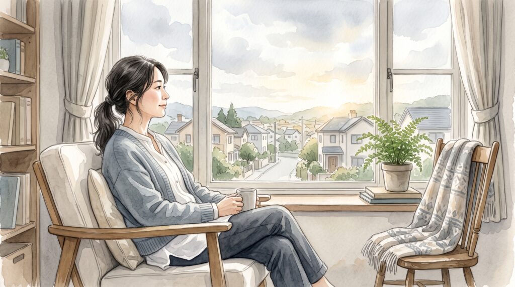 窓辺の椅子に座って外を眺めている女性のイラスト