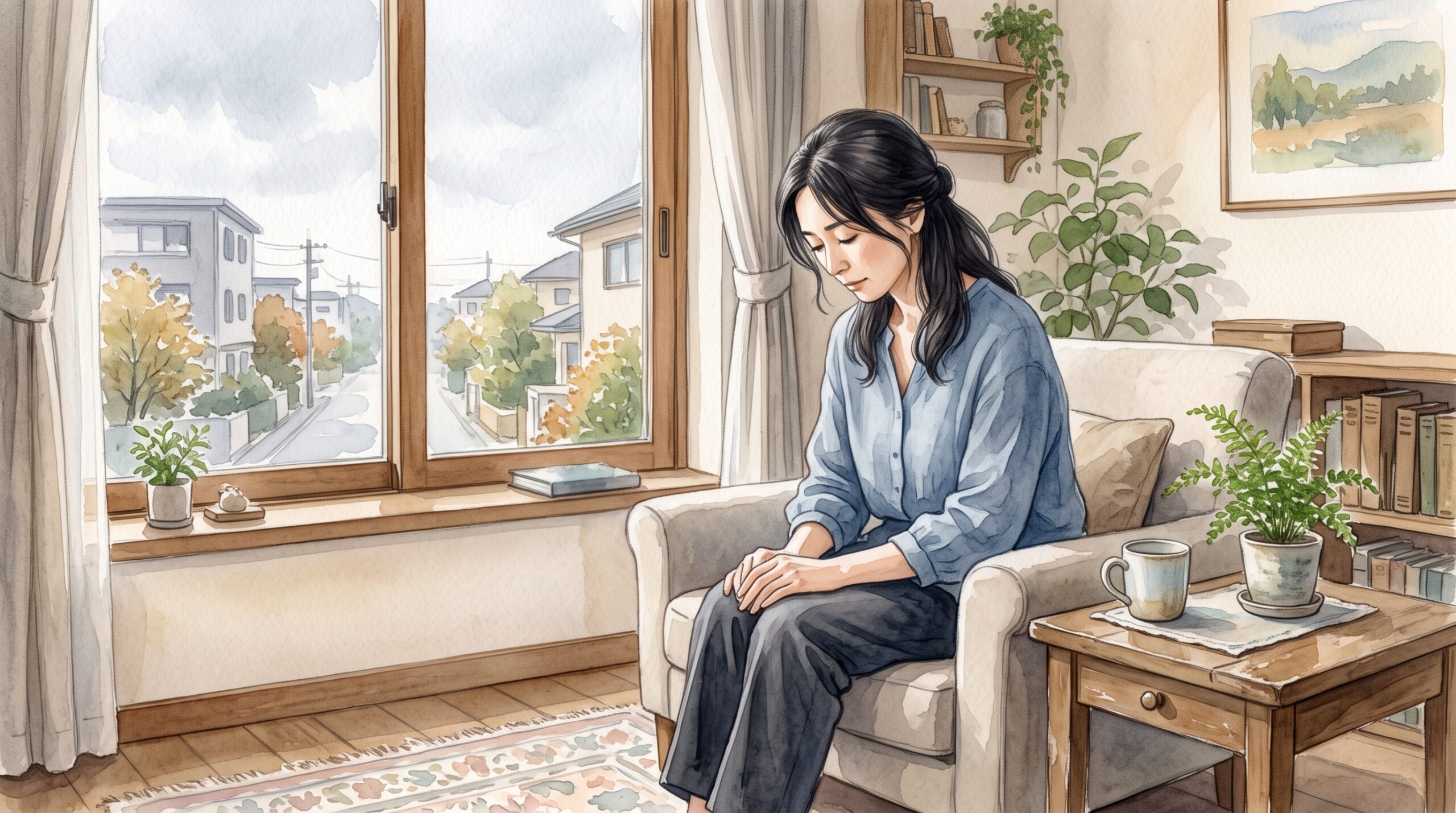 窓辺でうつむいて座っている女性のイラスト