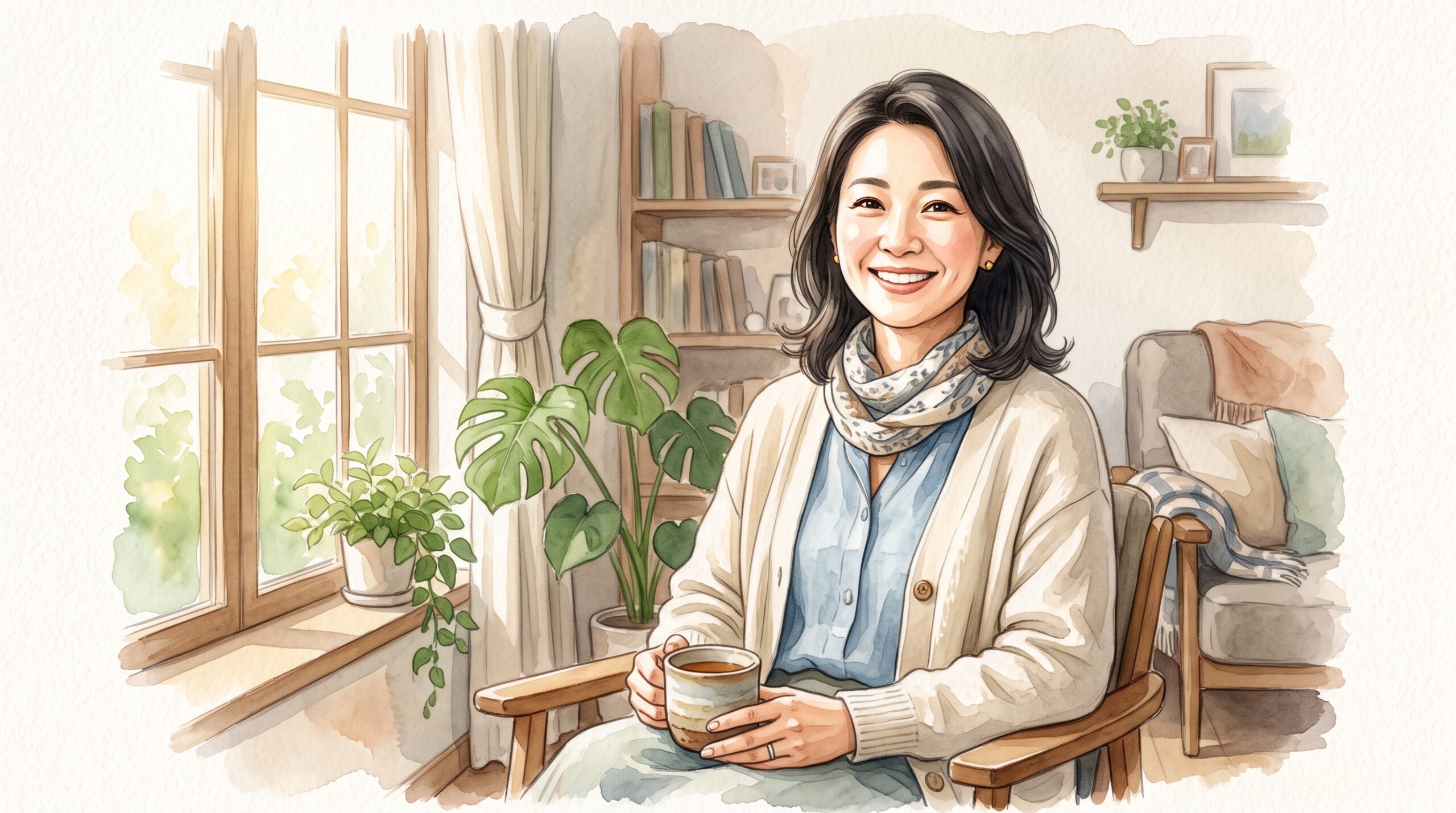 朝の光の中で穏やかに微笑んでいる女性のイラスト