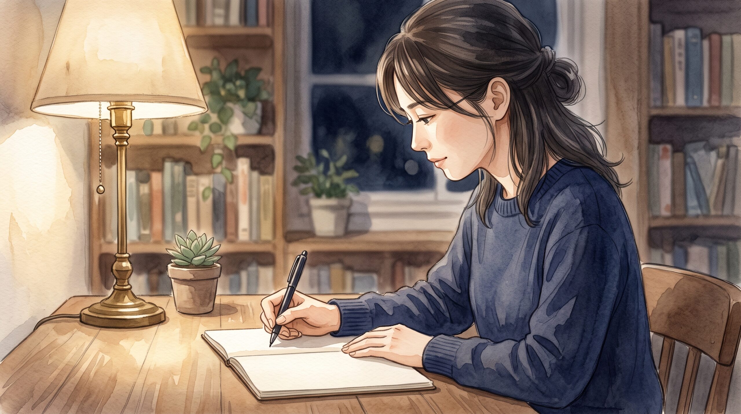 夜、ノートに書きものをしている女性のイラスト