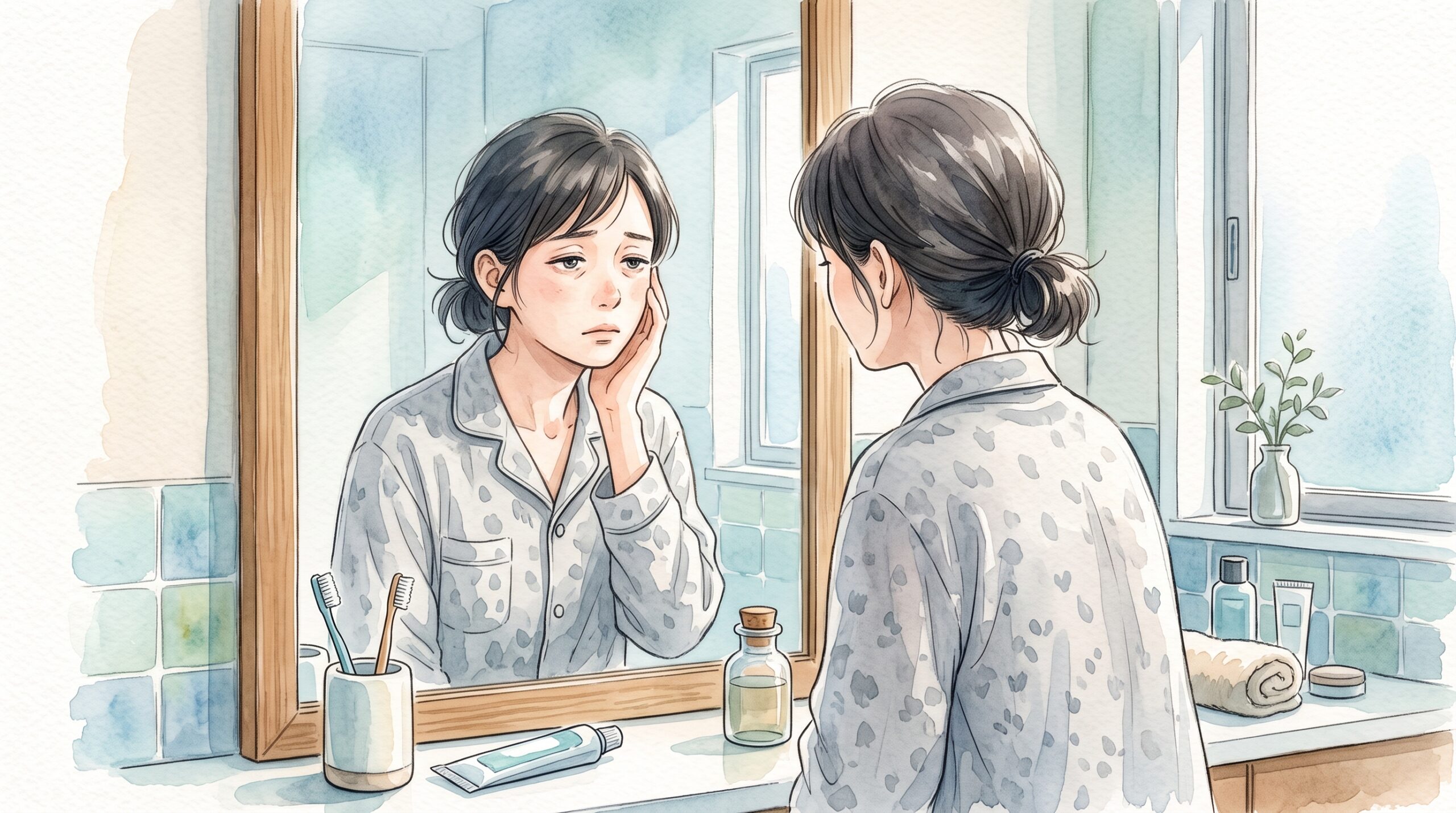 朝、鏡の前で疲れた顔をしている女性のイラスト