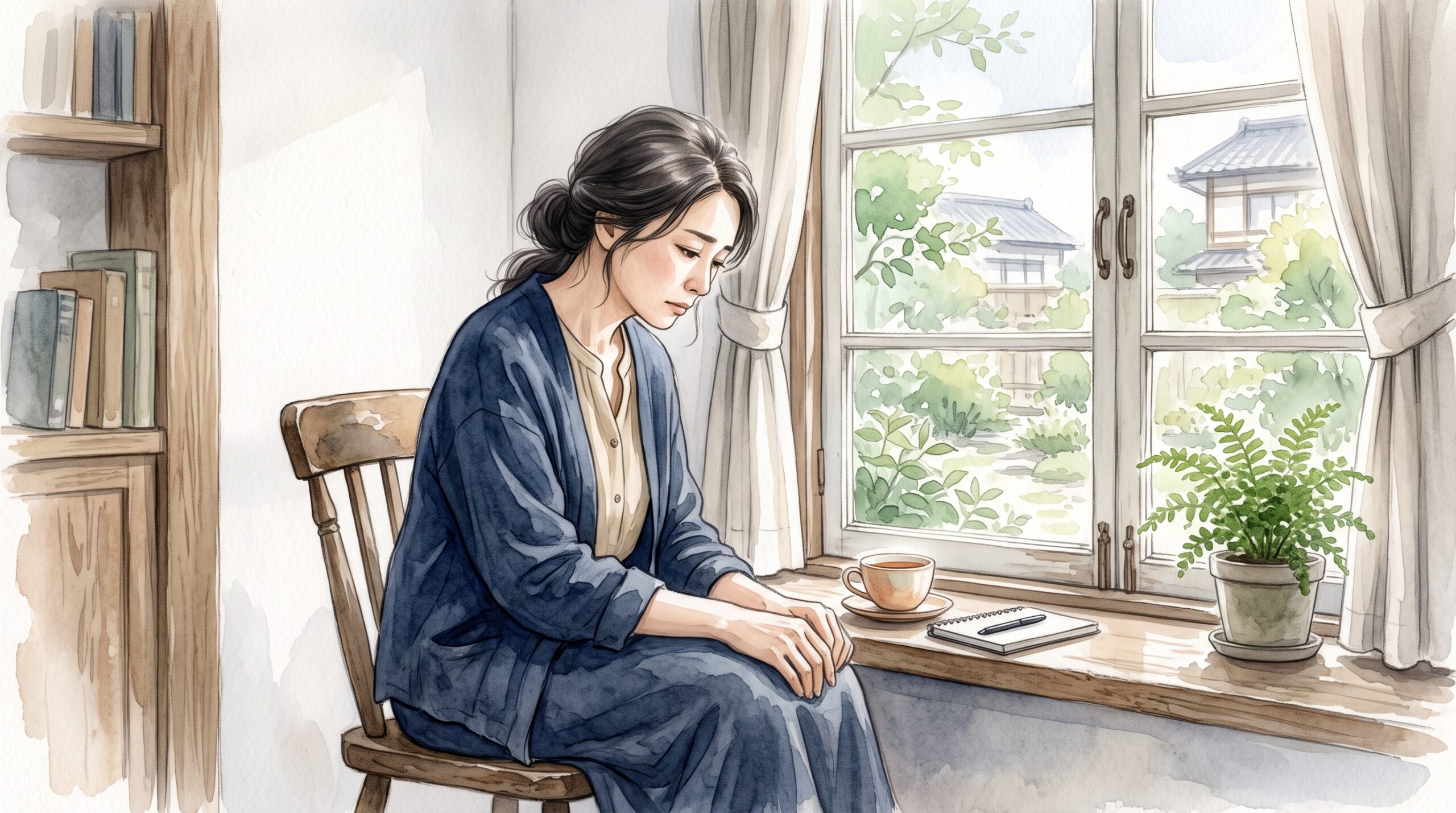 窓辺で肩を落として座っている女性のイラスト
