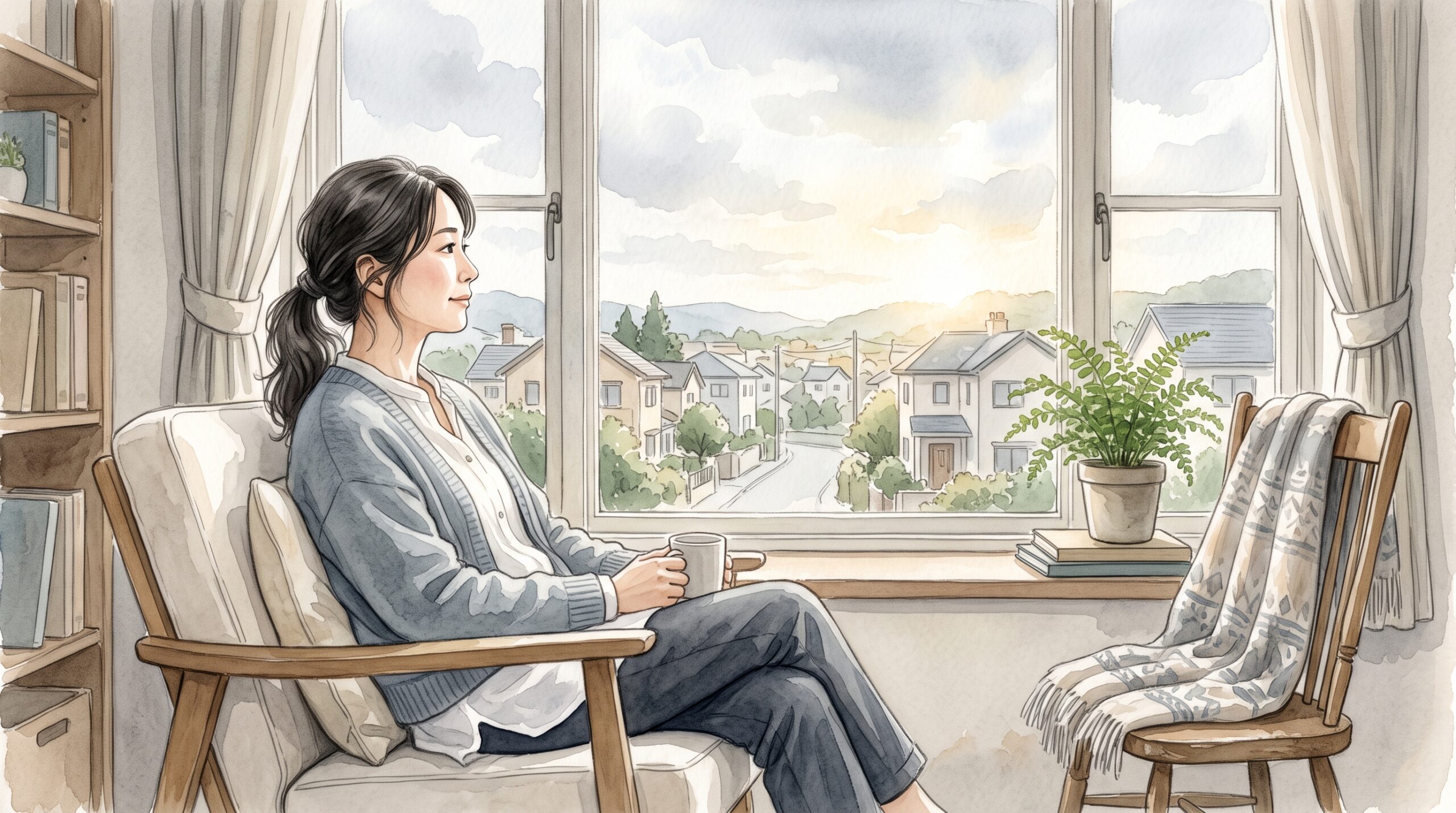 窓辺の椅子に座って外を眺めている女性のイラスト