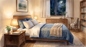 間接照明のやわらかい灯りに包まれた落ち着いた夜の寝室のイラスト