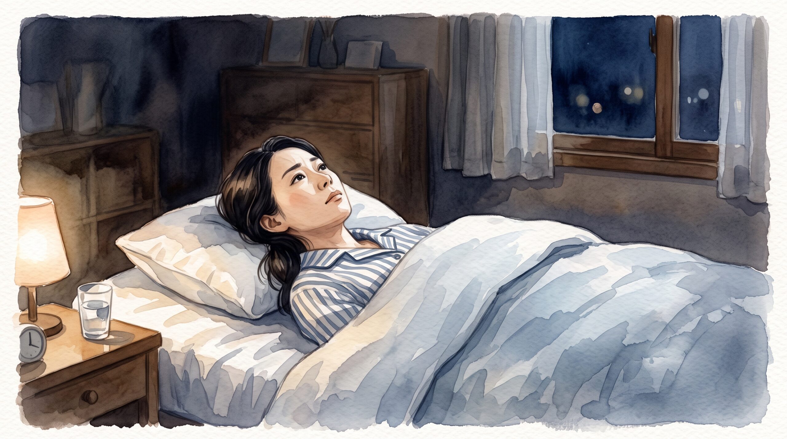 布団の中で目を開けて考えごとをしている女性のイラスト