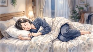 横向きで膝を曲げて眠っている女性のイラスト