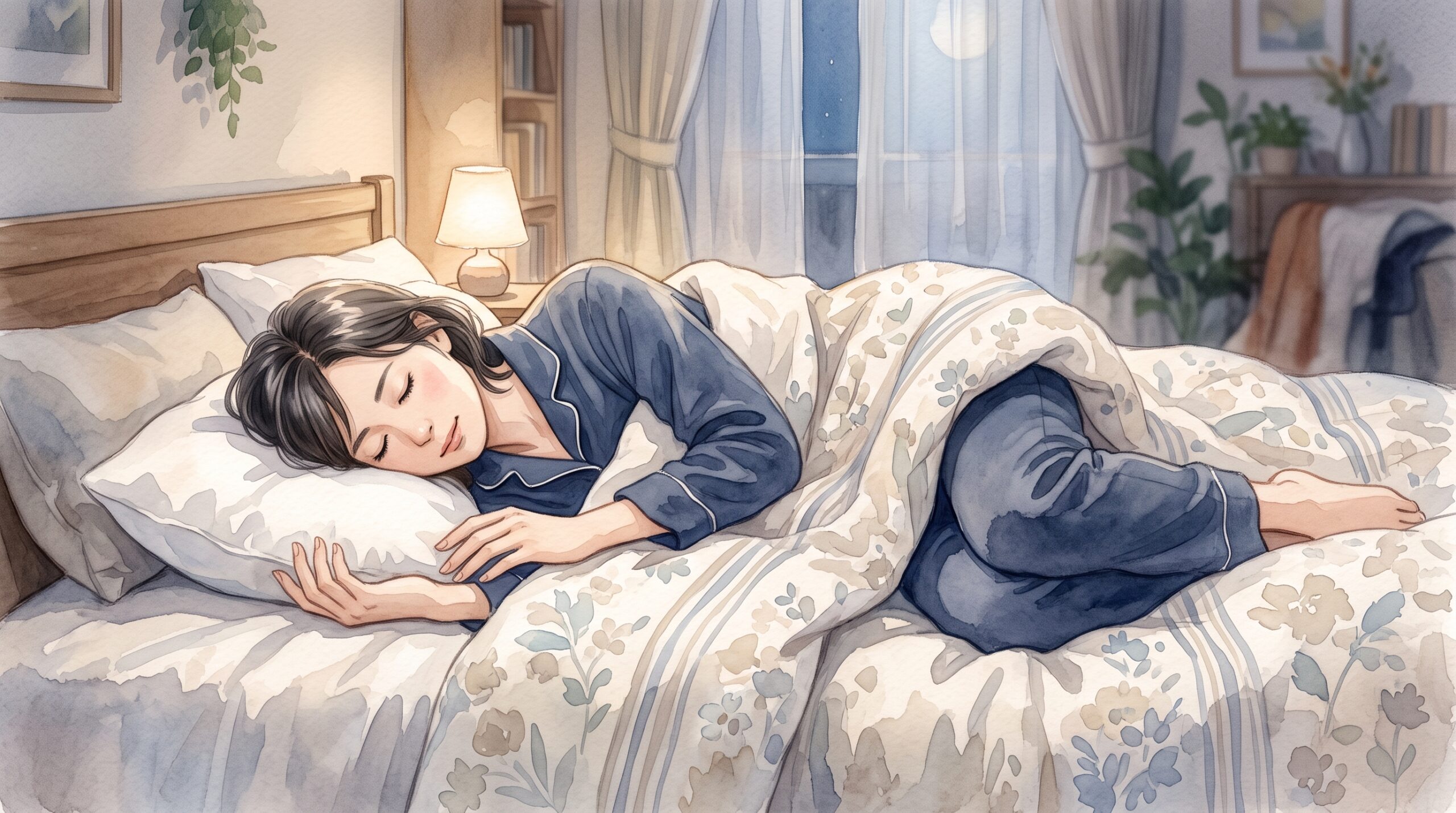 横向きで膝を曲げて眠っている女性のイラスト