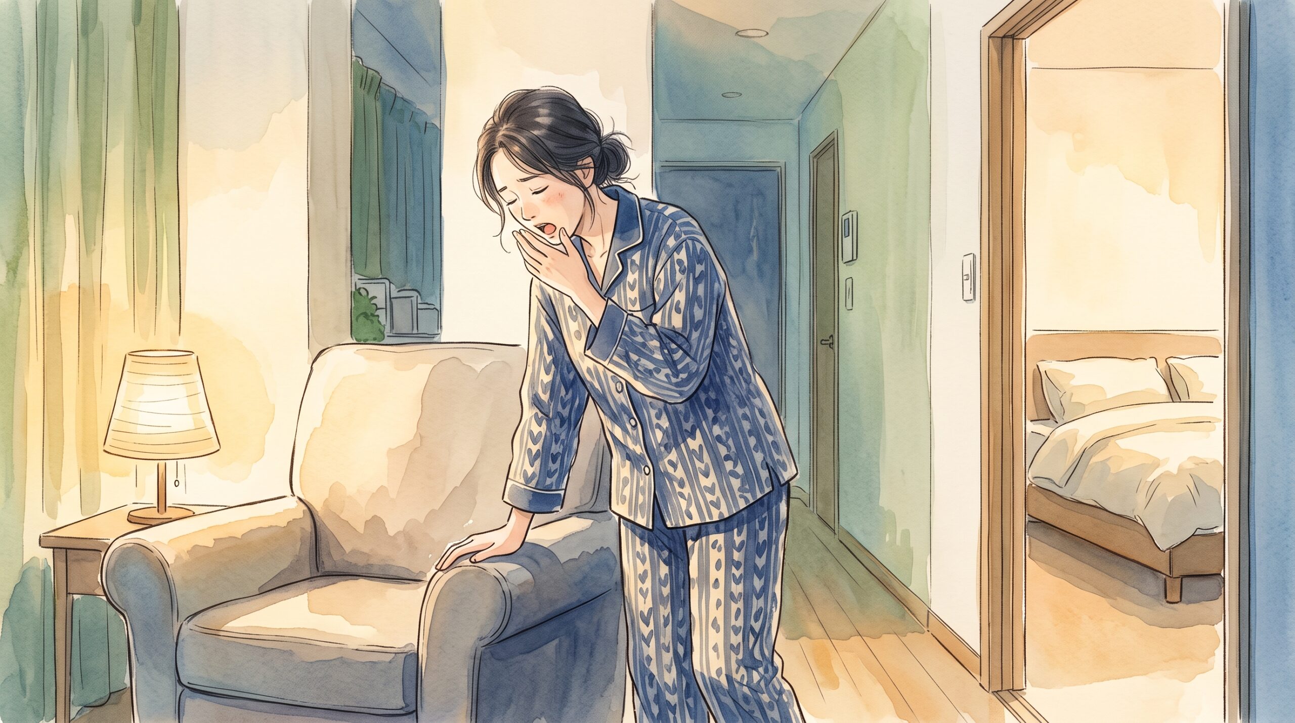 夜、眠くなって寝室へ向かおうとしている女性のイラスト