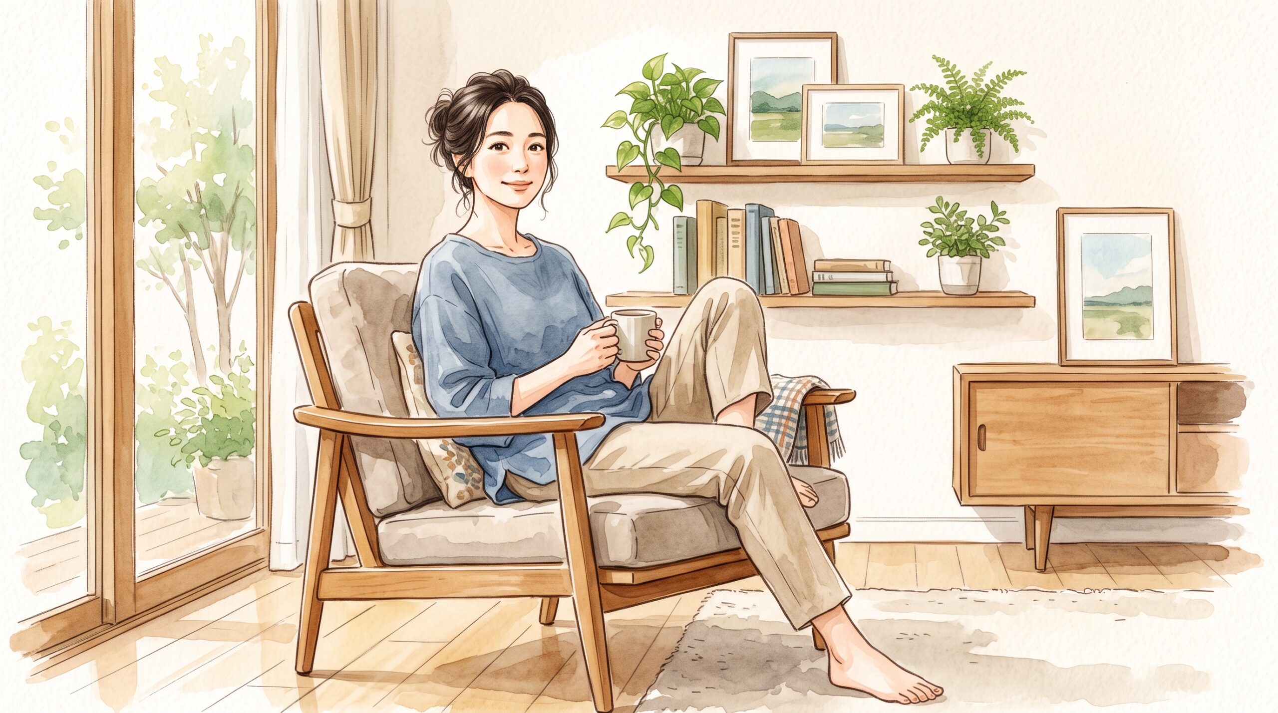 椅子に腰かけて過ごしている女性のイラスト