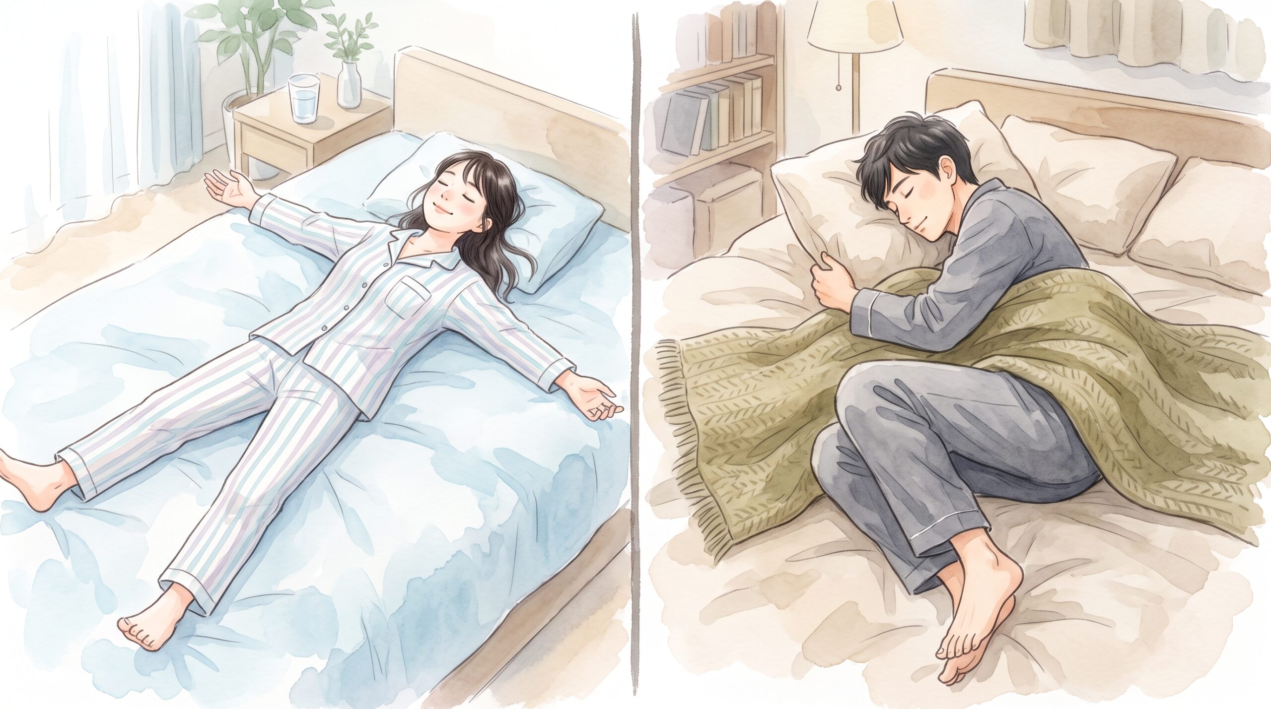 仰向けで眠る人と横向きで丸くなって眠る人を対比したイラスト