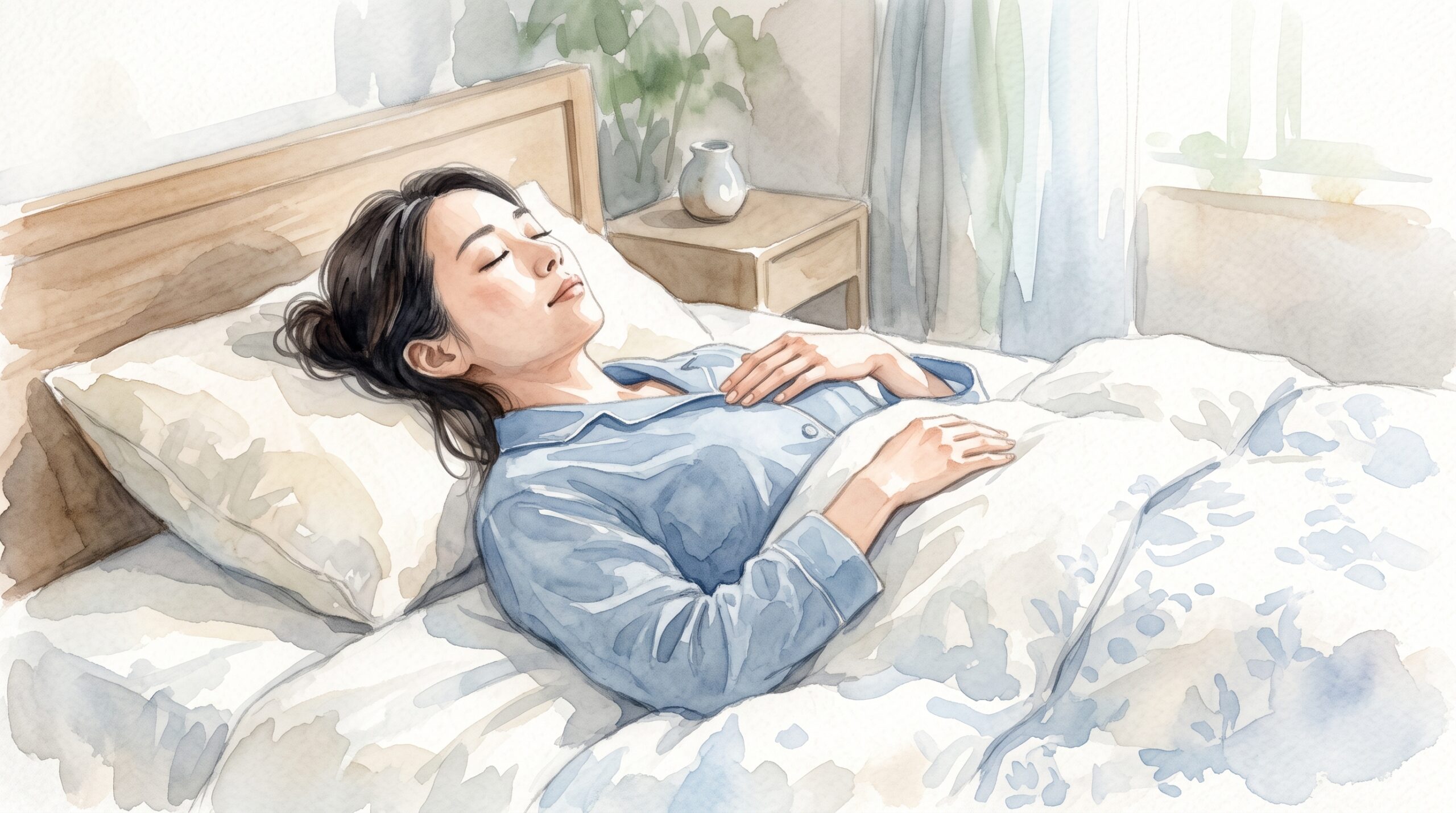 布団で仰向けになって体の感覚を確かめている女性のイラスト