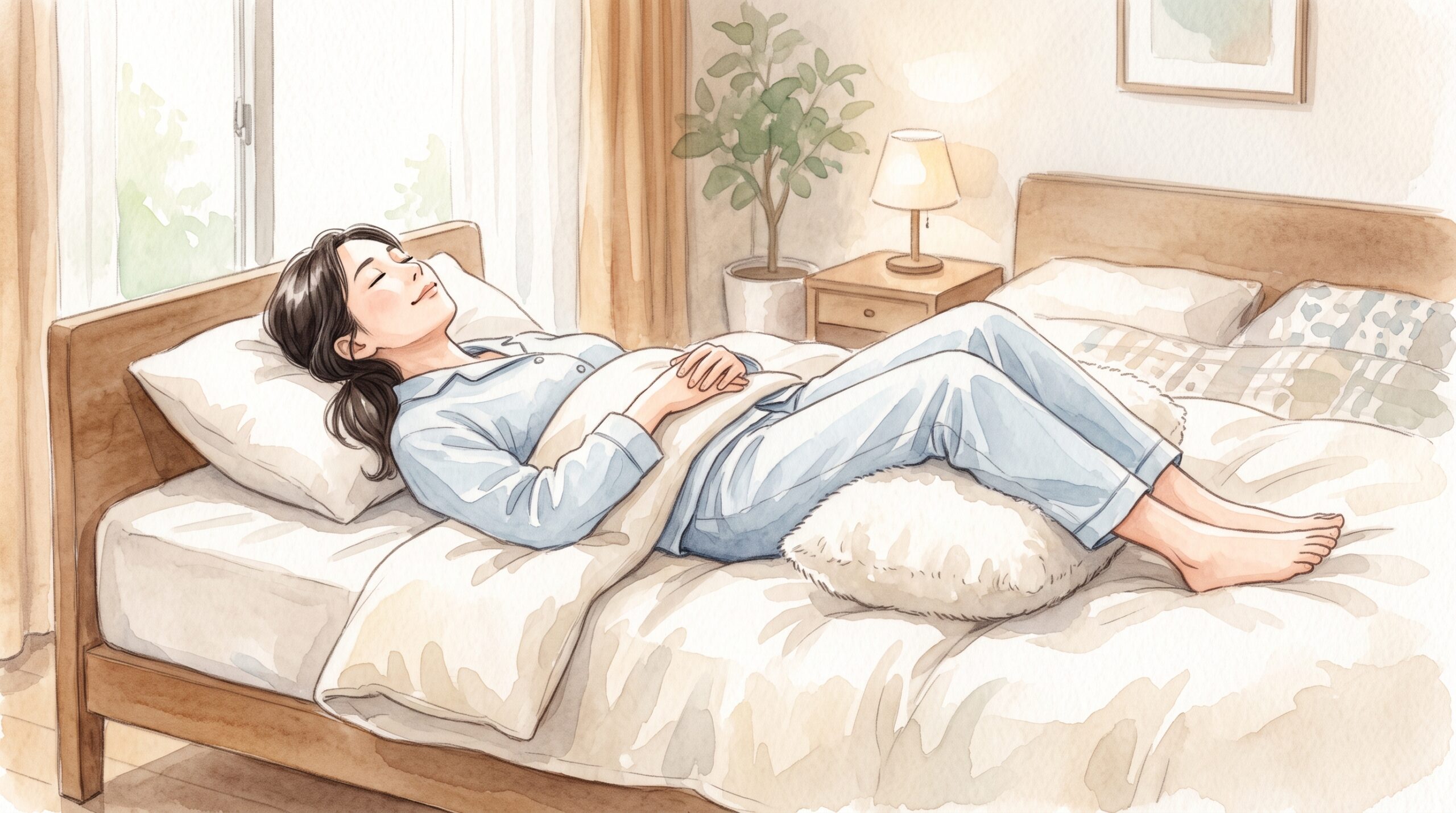 膝の下にクッションを入れて仰向けで休んでいる女性のイラスト