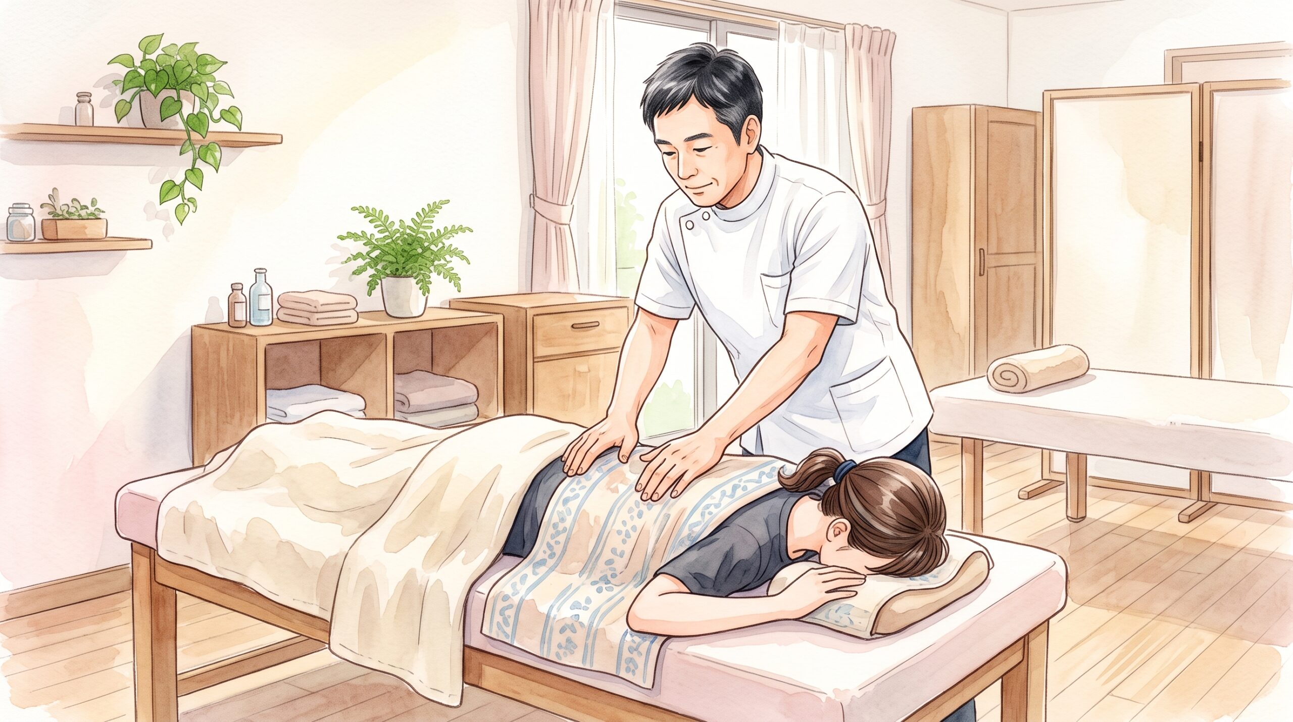 施術者が患者の背中を整えている場面のイラスト
