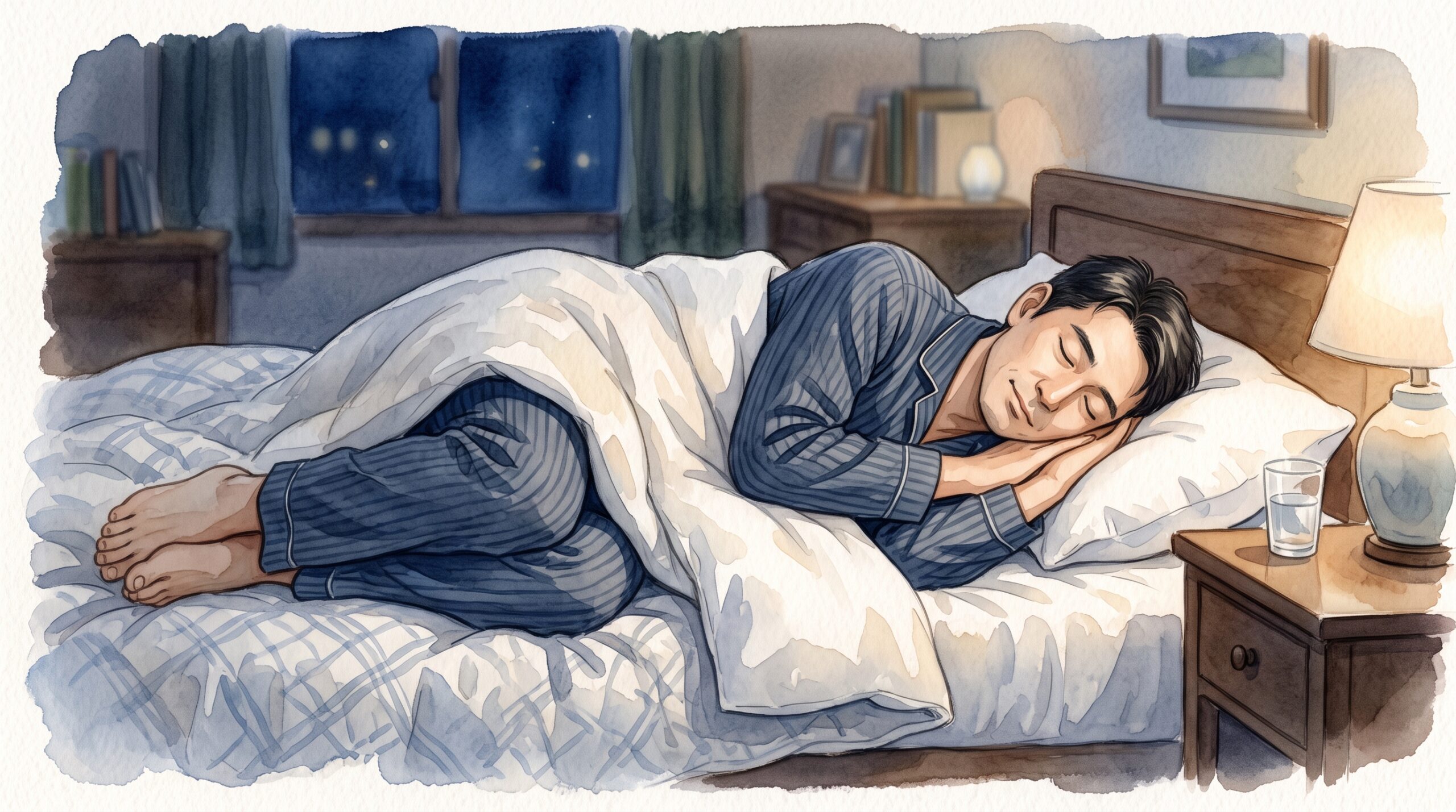 布団の中で横向きになり膝を軽く曲げて眠っている男性のイラスト