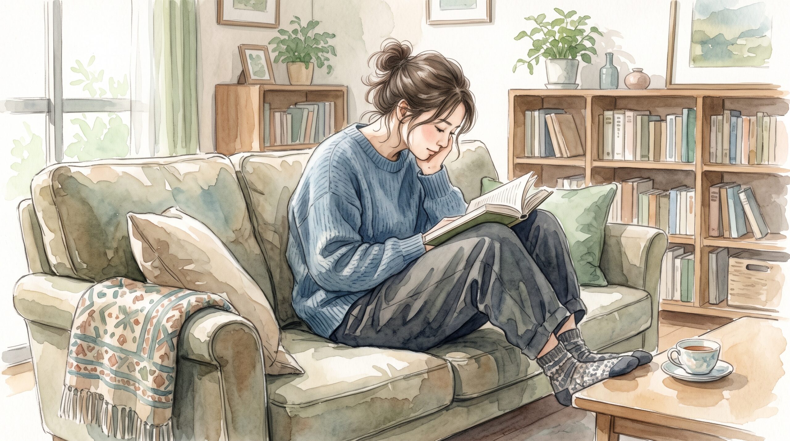 ソファに沈み込んで背中を丸めて座っている女性のイラスト