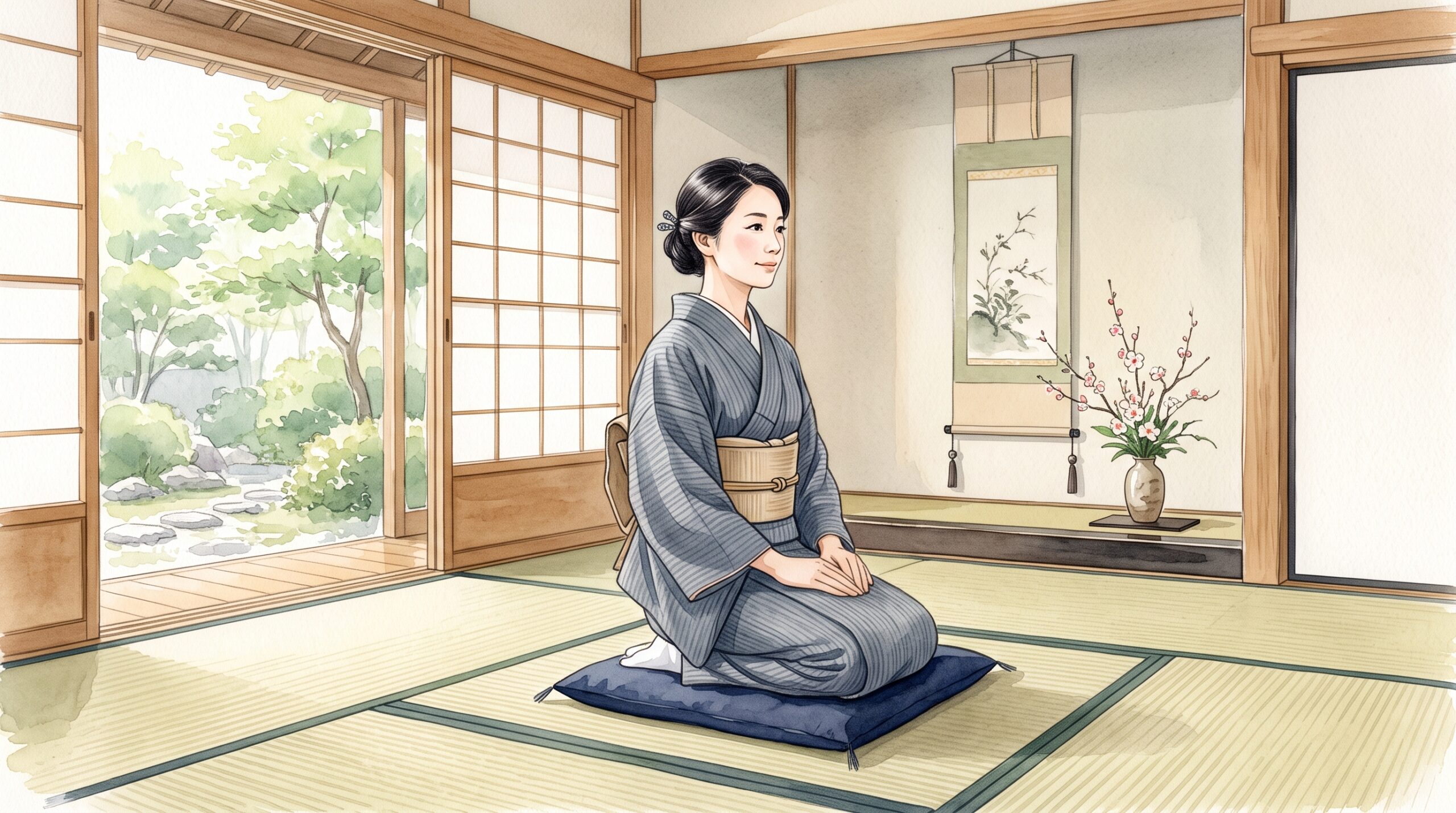 畳の部屋で正座している女性のイラスト