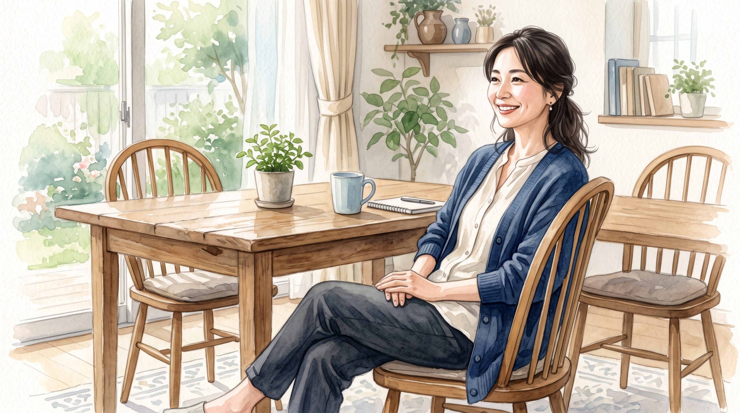 椅子に背もたれを使って座っている女性のイラスト