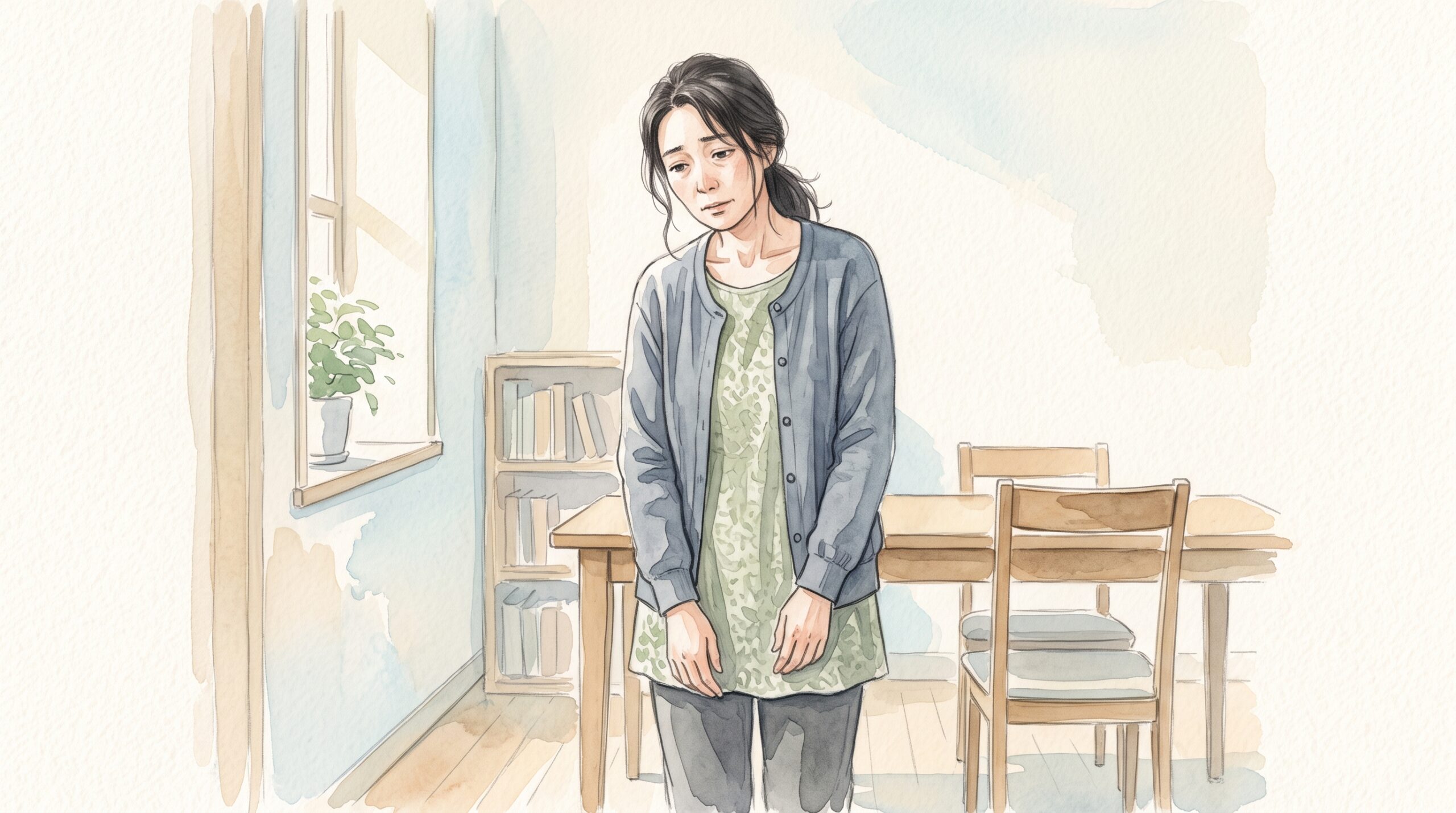 立っているだけで疲れた様子の女性のイラスト