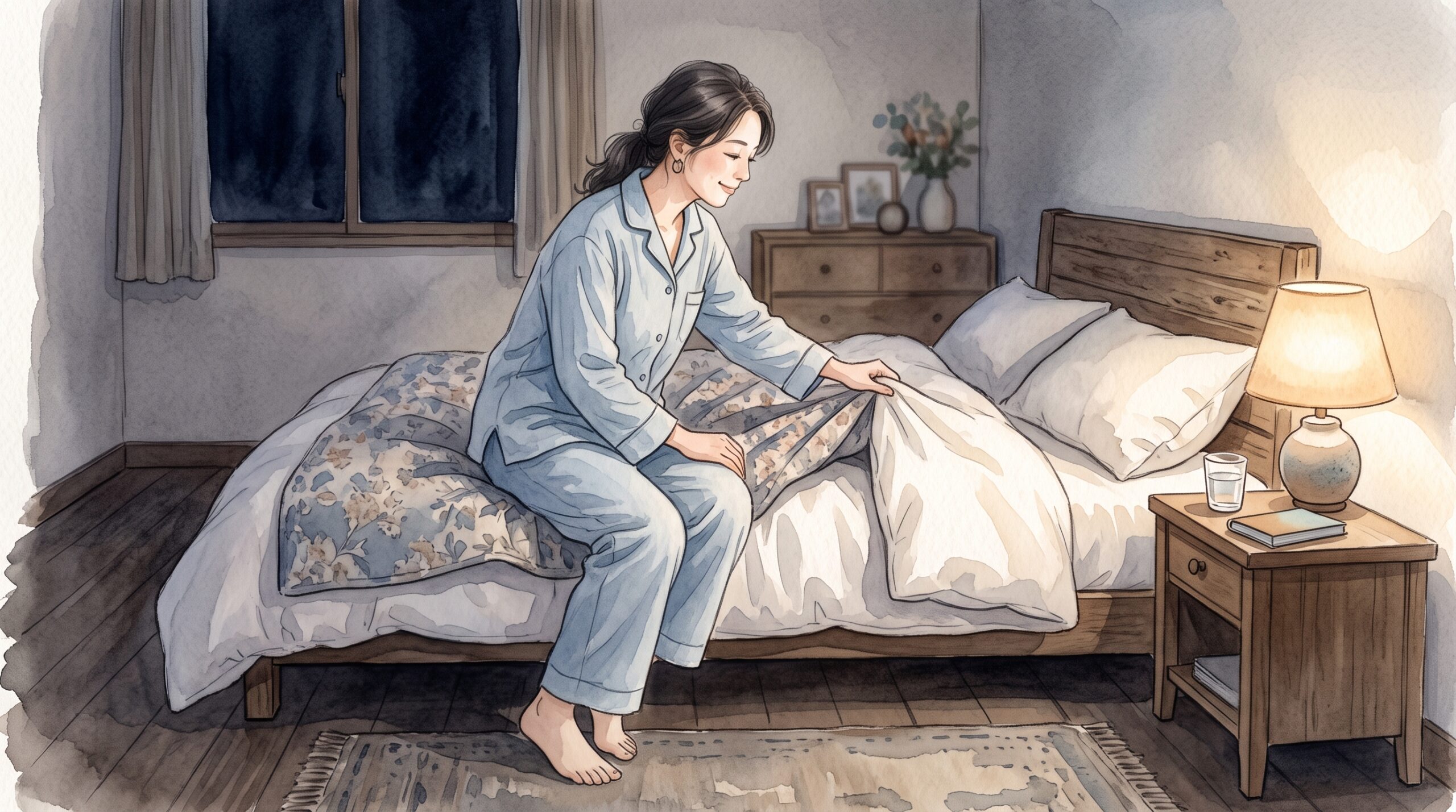 夜、布団に入ろうとしている女性のイラスト