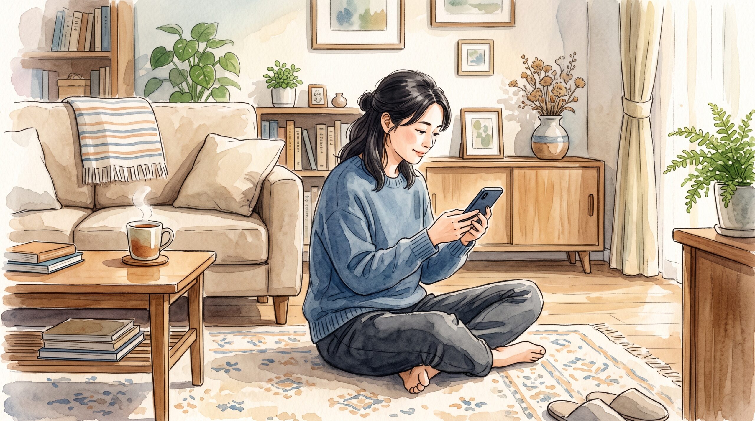 自宅のリビングで床に座り背中を丸めてスマートフォンを見ている女性のイラスト