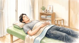 整骨院の施術ベッドで目を閉じて穏やかに休んでいる男性のイラスト