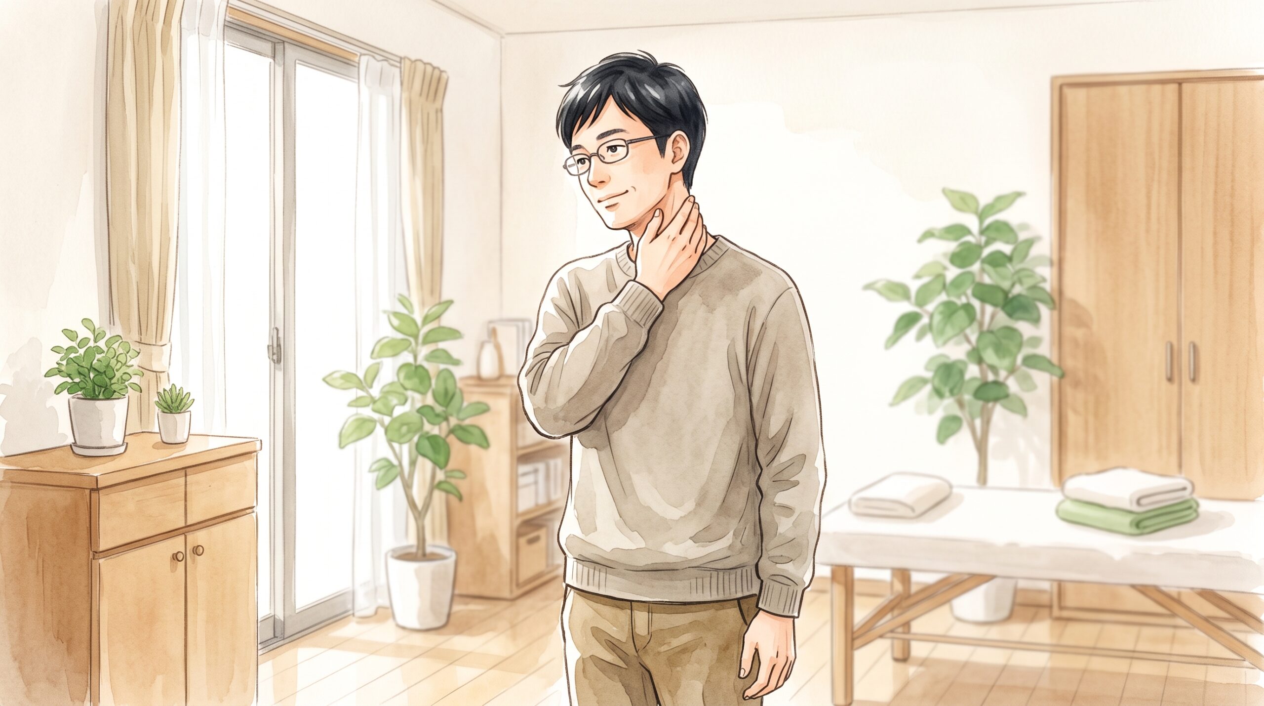 施術後に首の動きを確かめている男性のイラスト