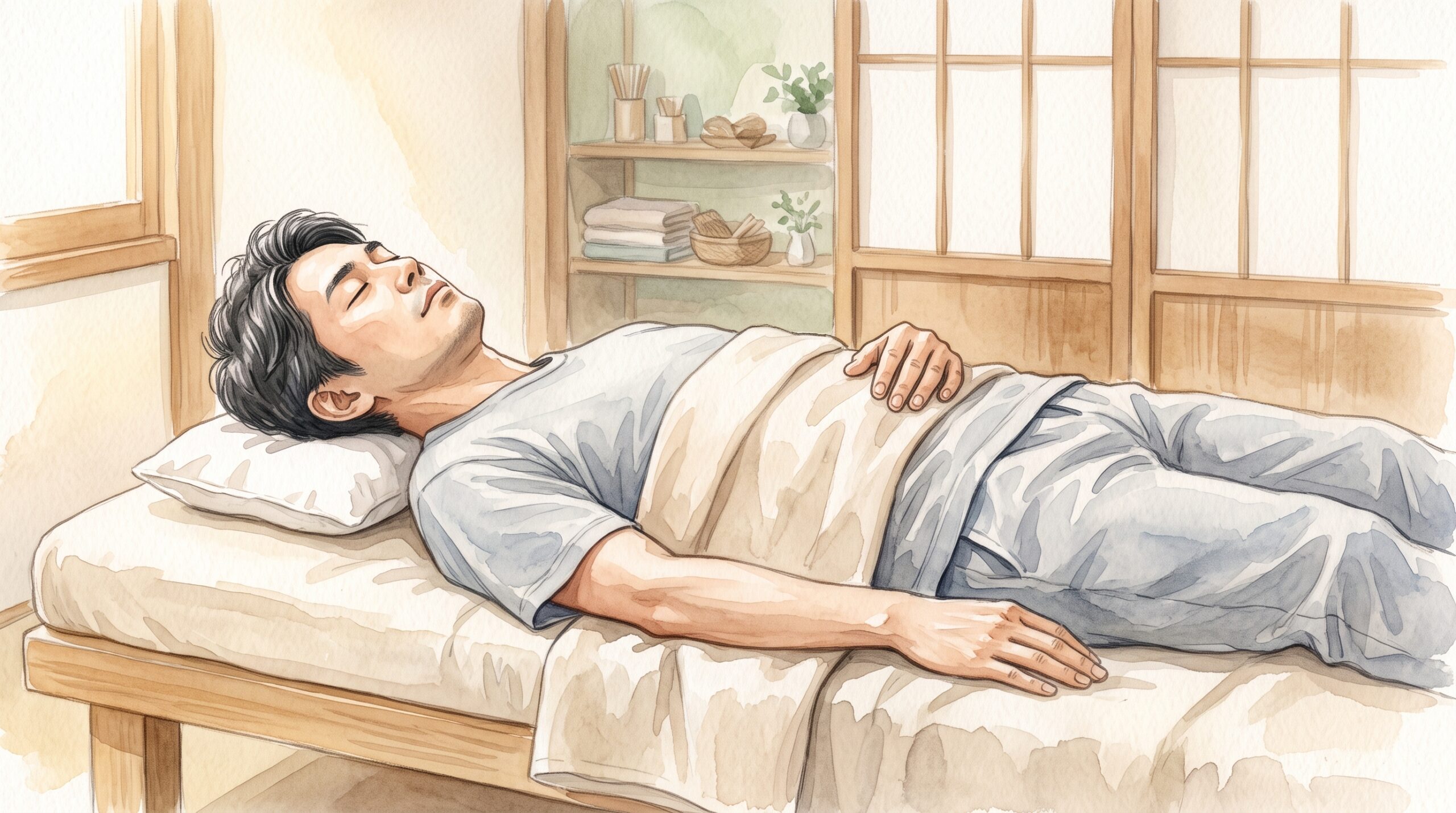 施術ベッドで穏やかに休んでいる男性のイラスト