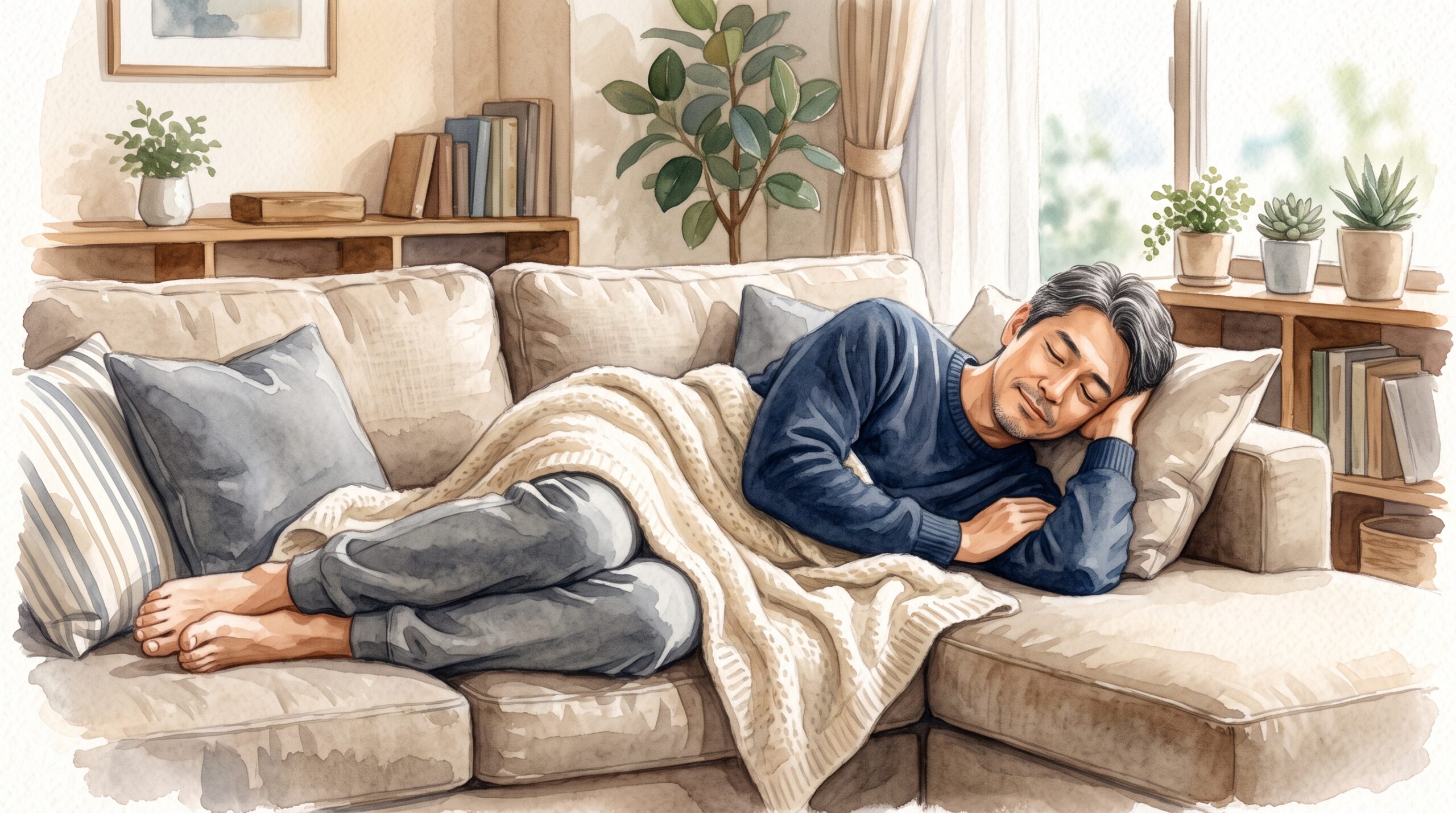 自宅でゆったり休んでいる男性のイラスト