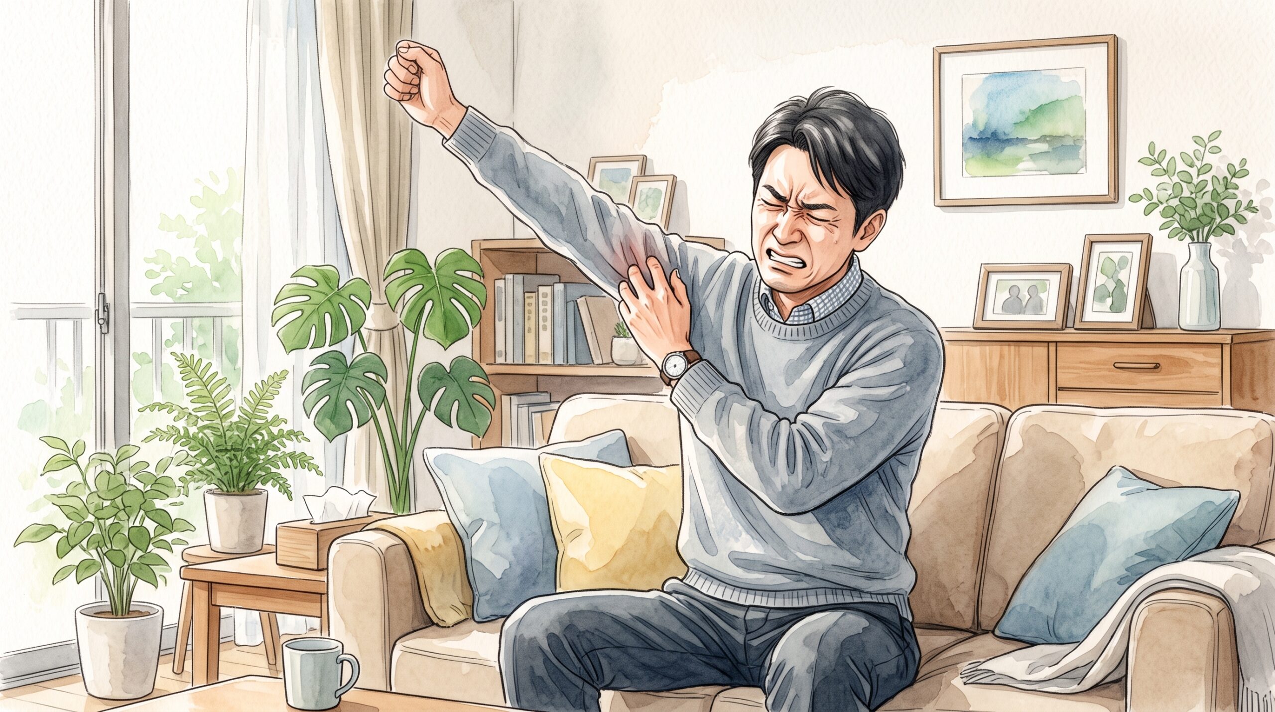 腕を無理に伸ばして顔をしかめている男性のイラスト