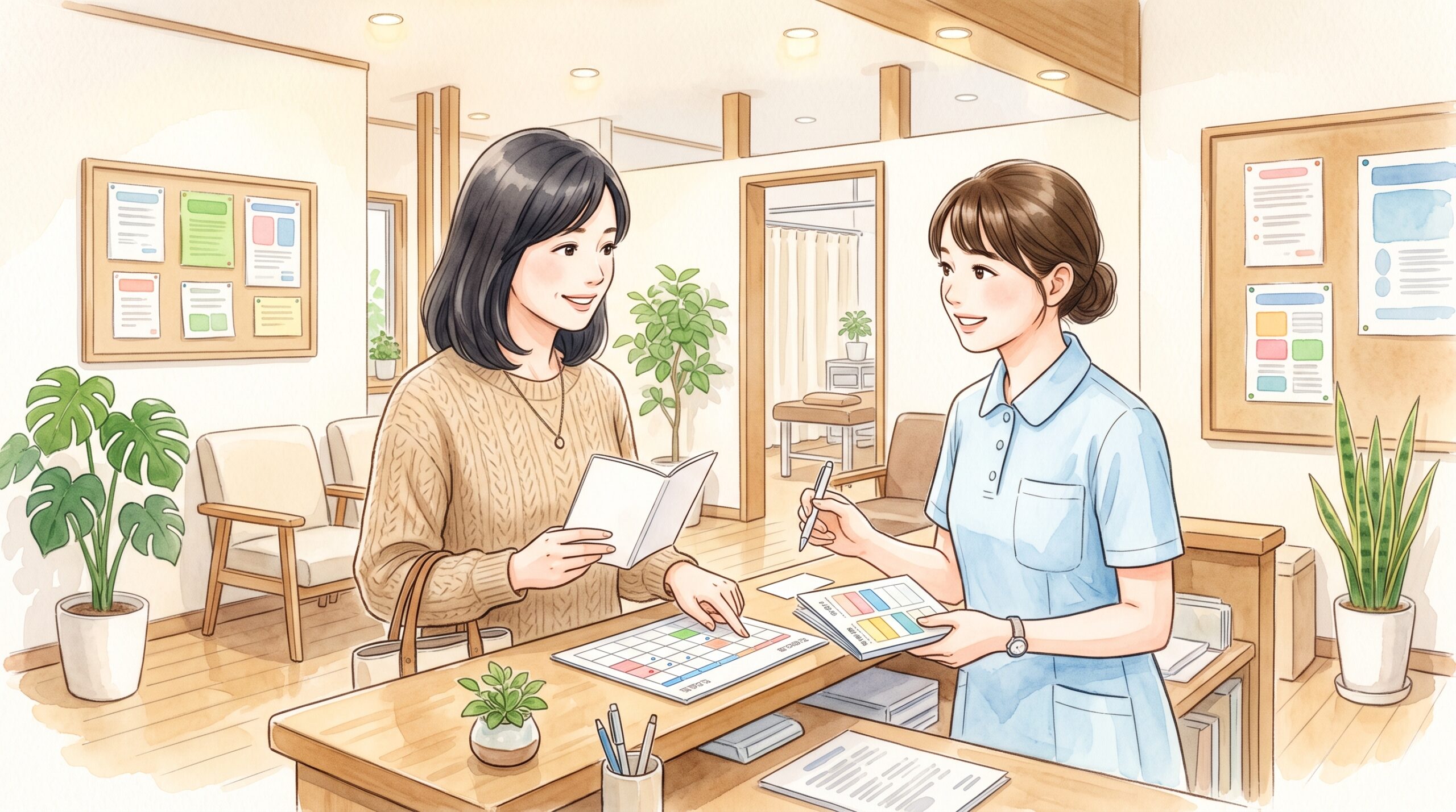 整骨院の受付で次回の来院日を相談している場面のイラスト