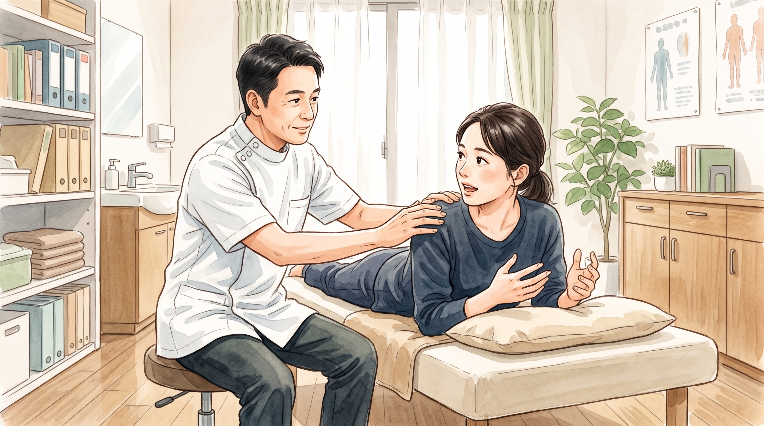 患者が体の感覚を伝えている場面のイラスト