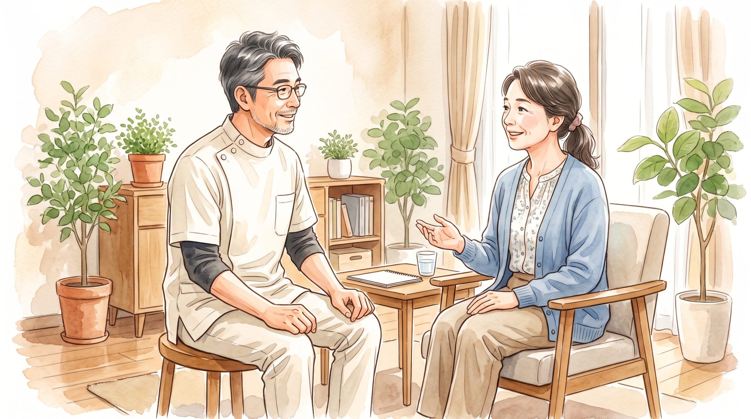 施術者が患者の話に耳を傾けている場面のイラスト