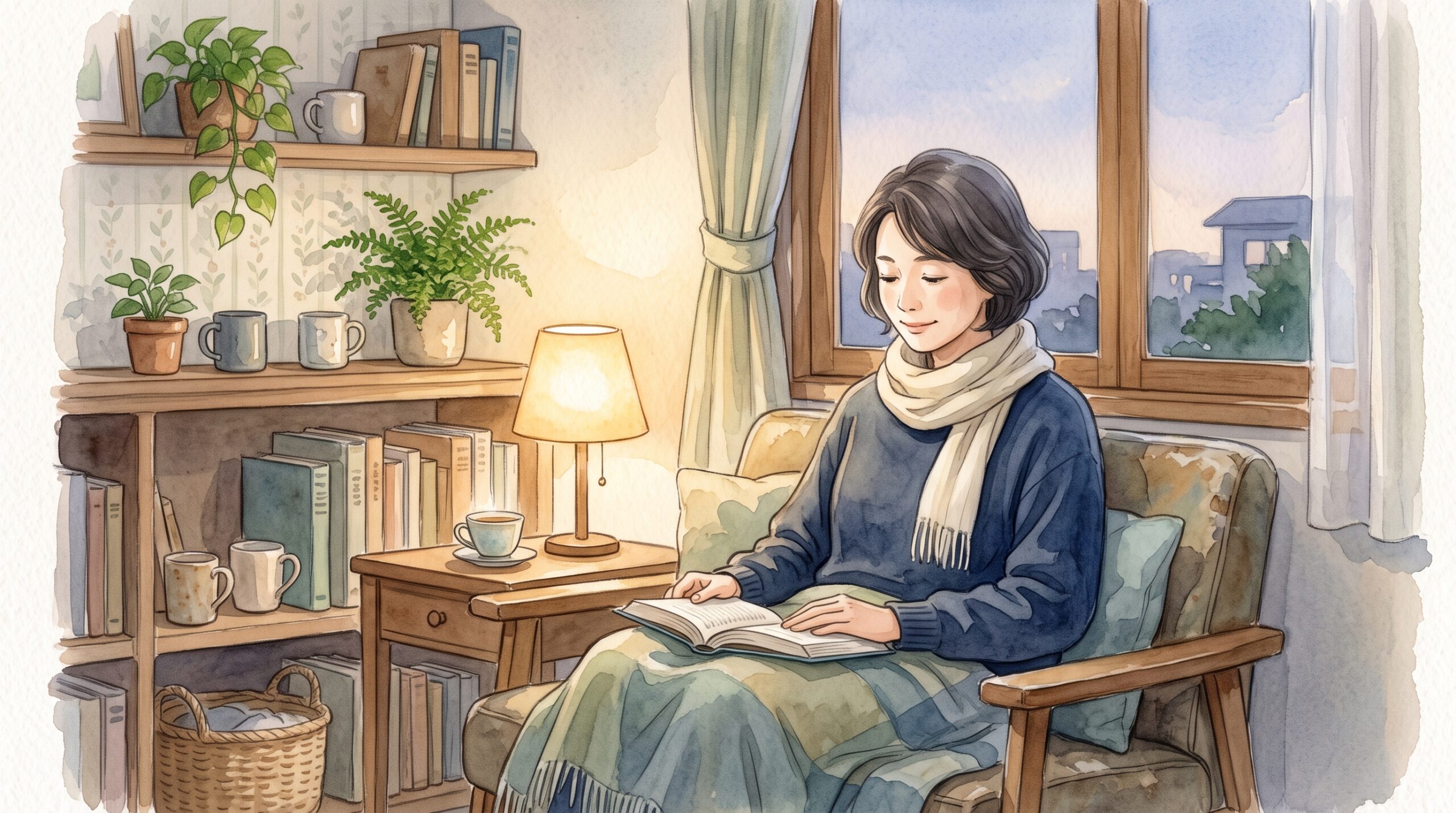 一日の終わりに穏やかに過ごしている女性のイラスト