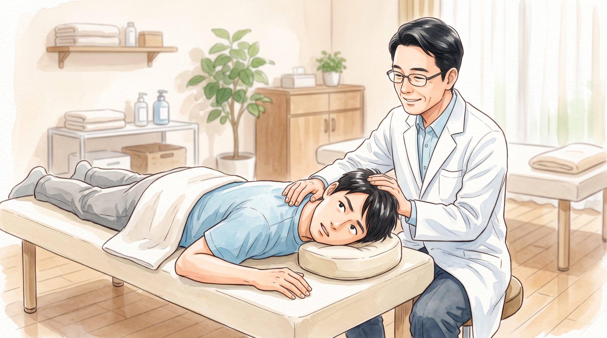 患者が正直に首をかしげ、施術者がうなずいている場面のイラスト